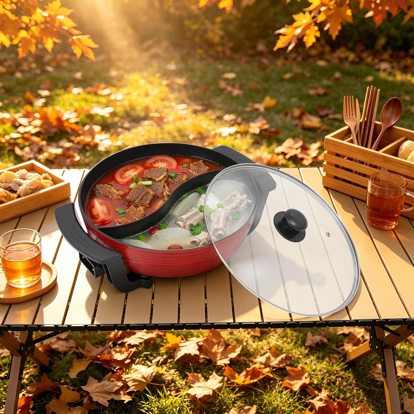 Pentola da 1360 W Hot Pot 6 L Twin Hot Pot Shabu per fonduta cinese con coperchio e 5 livelli di regolazione della temperatura per 3-4 persone