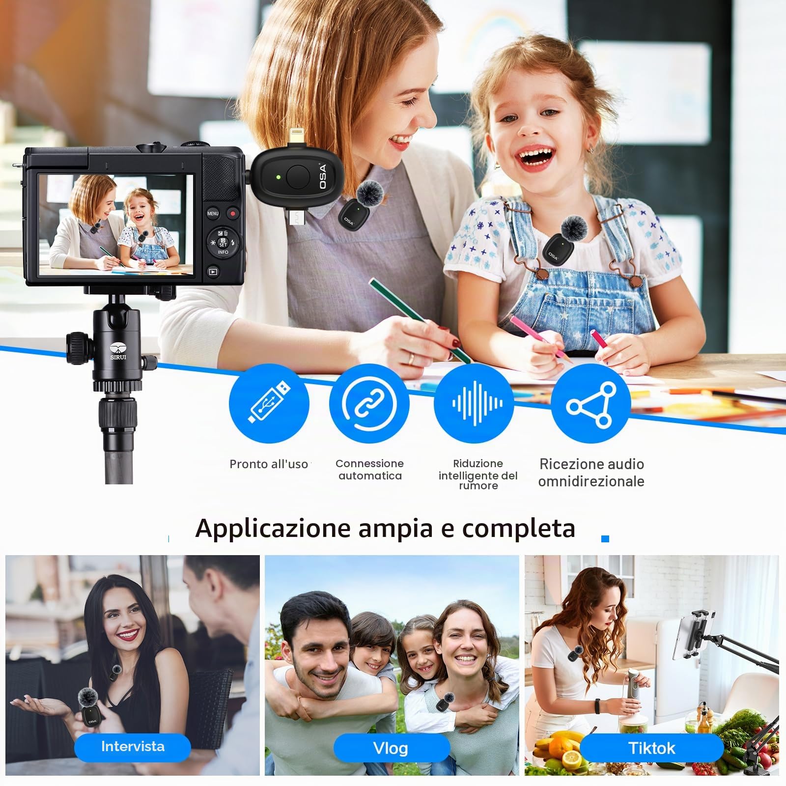 OSA Microfono Wireless 3 in 1 per Fotocamera, IOS Phone, Android e Laptop, 8 Ore di Lavoro Lungo Microfono da Bavero con Riduzione del Rumore per Registrazione Video, Vlog, YouTube, TikTok