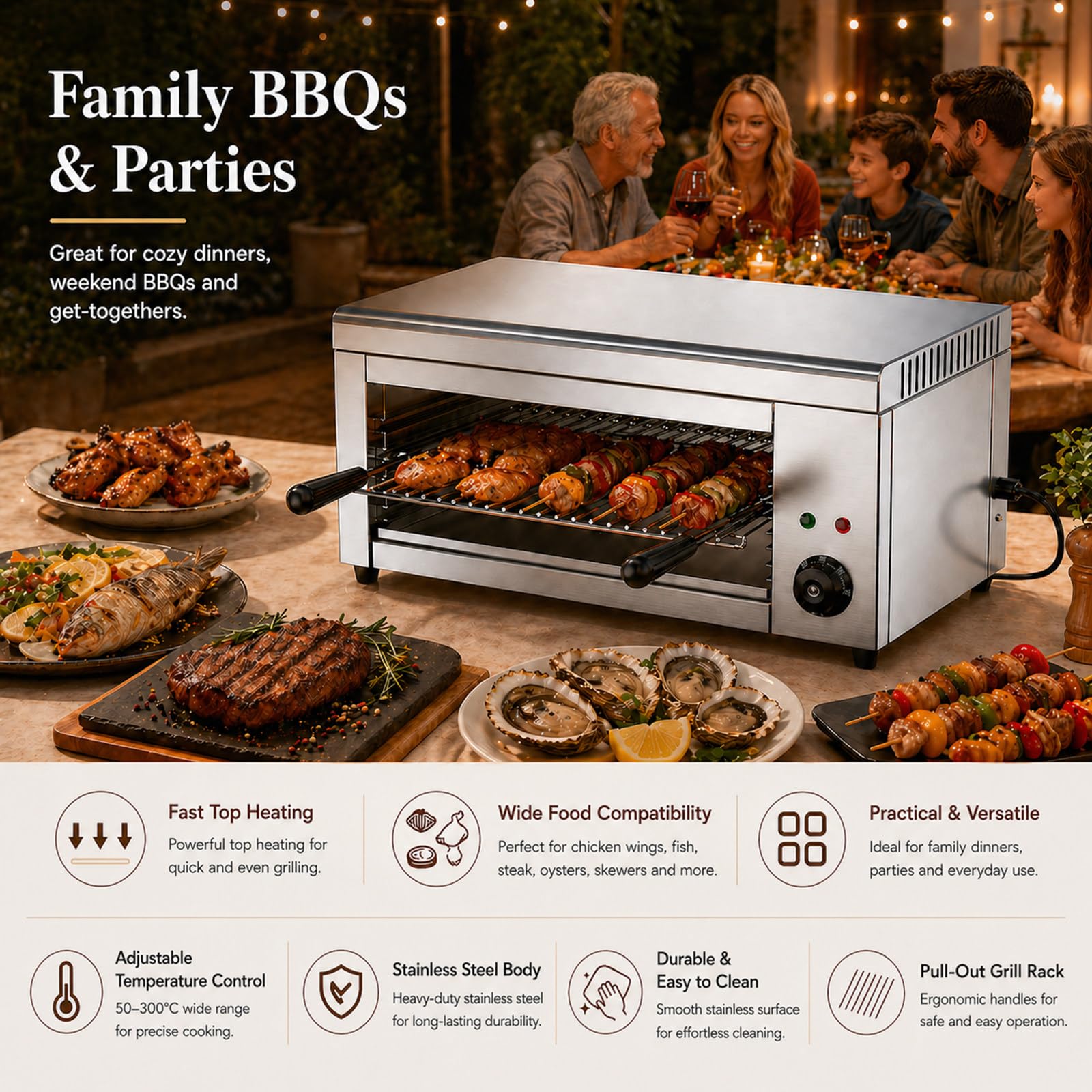 Fácil de Limpiar Salamandra Eléctrica 2000 W, fundidor de Queso Profesional con 4 Niveles, Control termostático y diseño de Pared para Tostadas y Pizza
