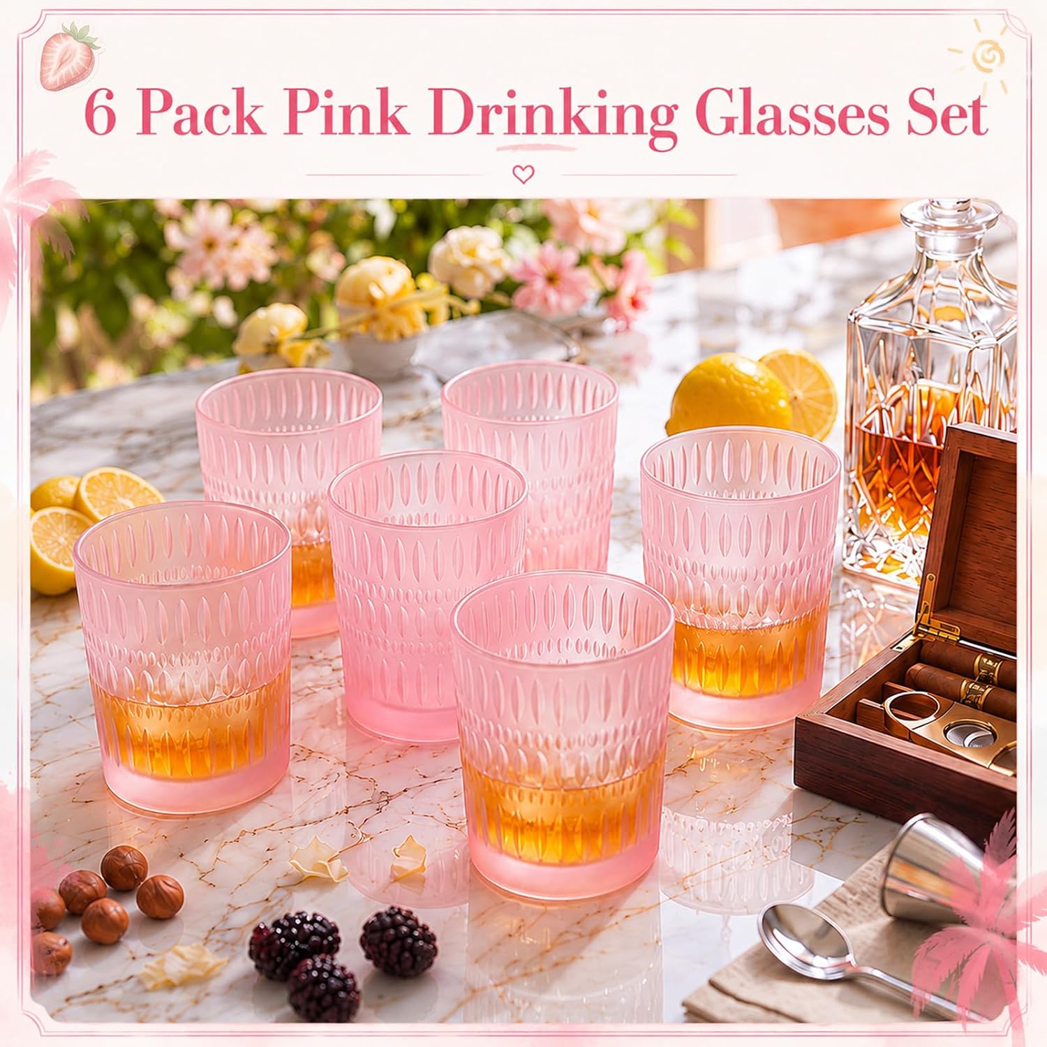 Honeydak 6 Pack Pink Colored Drinking Cups Glasses 10 oz Ribbed Glass Cups Vintage Glassware for Cocktail, Whiskey, Beer, Water, Juice