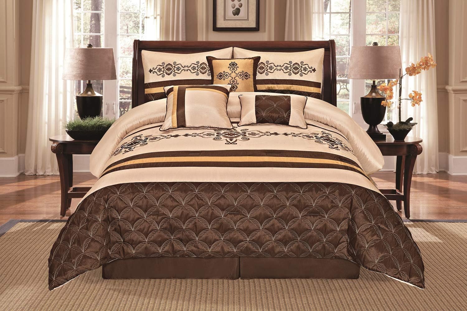 Jenin 7 Pieces Complete Bedding Ensemble Beige Brown Gold Luxury Embroidery Comforter Set Bed-in-a-Bag Bedding- Yasmen (Queen)
