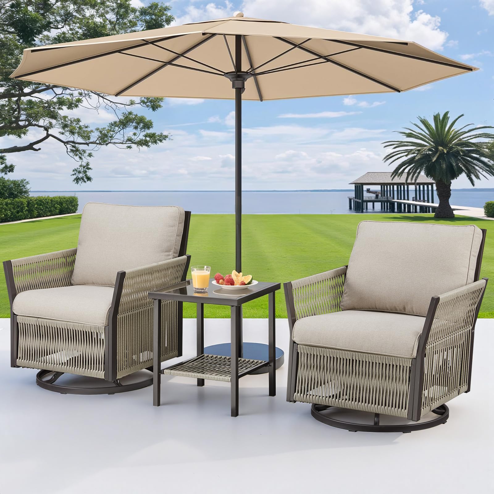 Swpormundo Patio Wicker Chairs Swivel Rocker, Outdoor Swivel Rocking Chairs Set of 2 with Rattan Side Table, 3 Piece Patio Swivel Glider Chair Patio