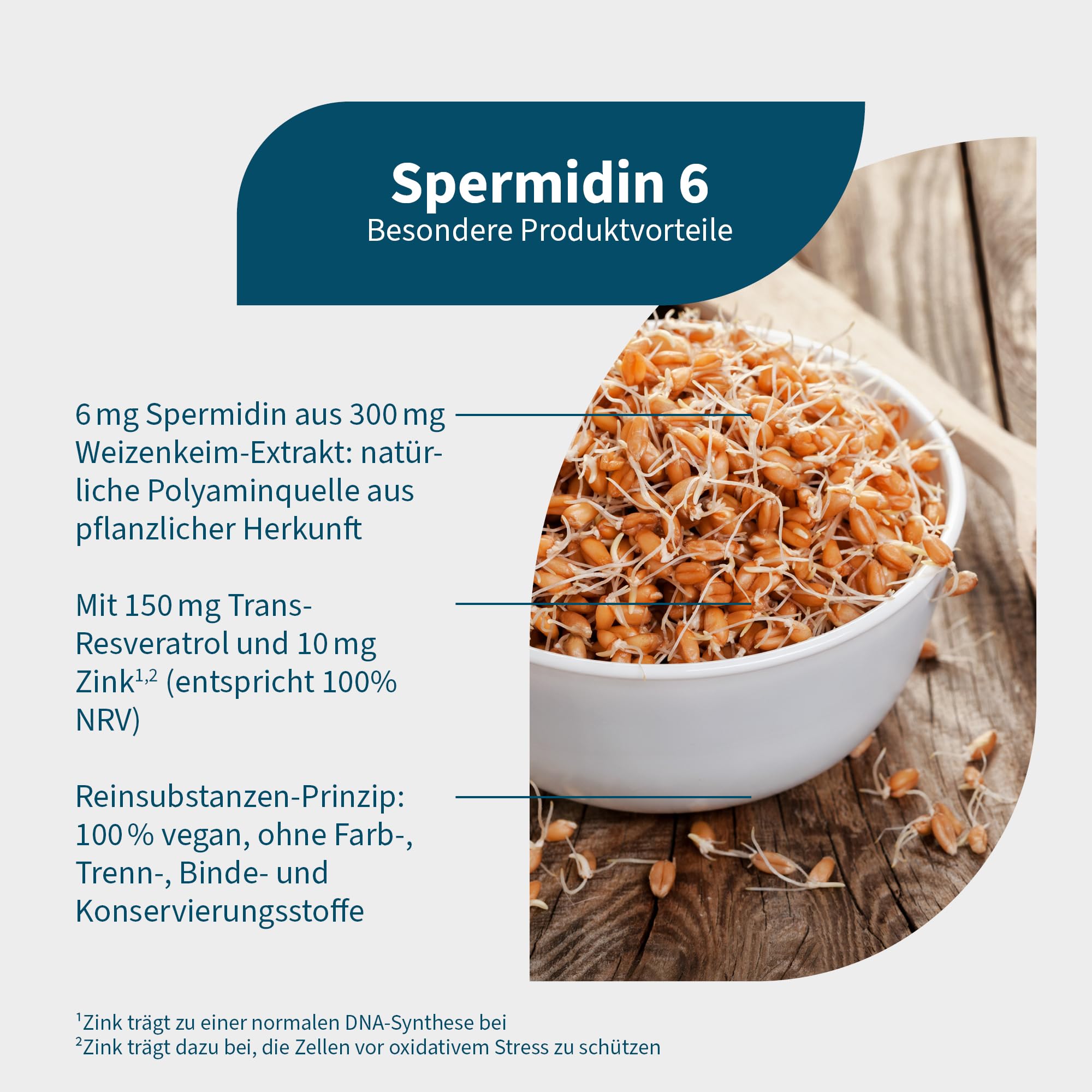 NatuGena Spermidin 6 Spermidin hochdosiert mit 6mg pro Kapsel/Trans-Resveratrol & Zink/Zellaufbau/Zellwachstum / 60 Kapseln HPMC (60-Tage-Packung)