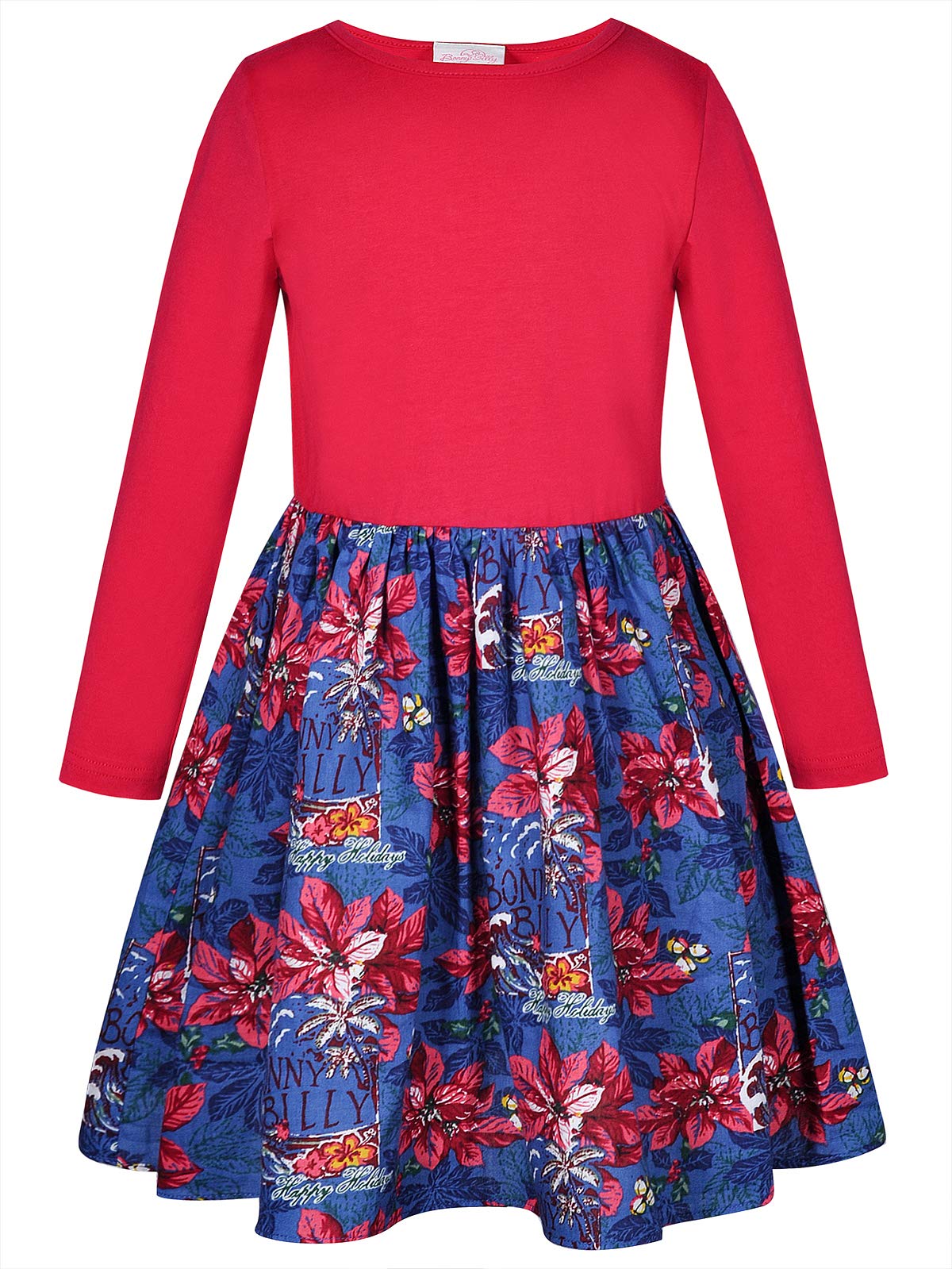 BONNY BILLY Vestido Niña Fiesta Casual Algodón Jersey Floral Corto Invierno Manga Larga