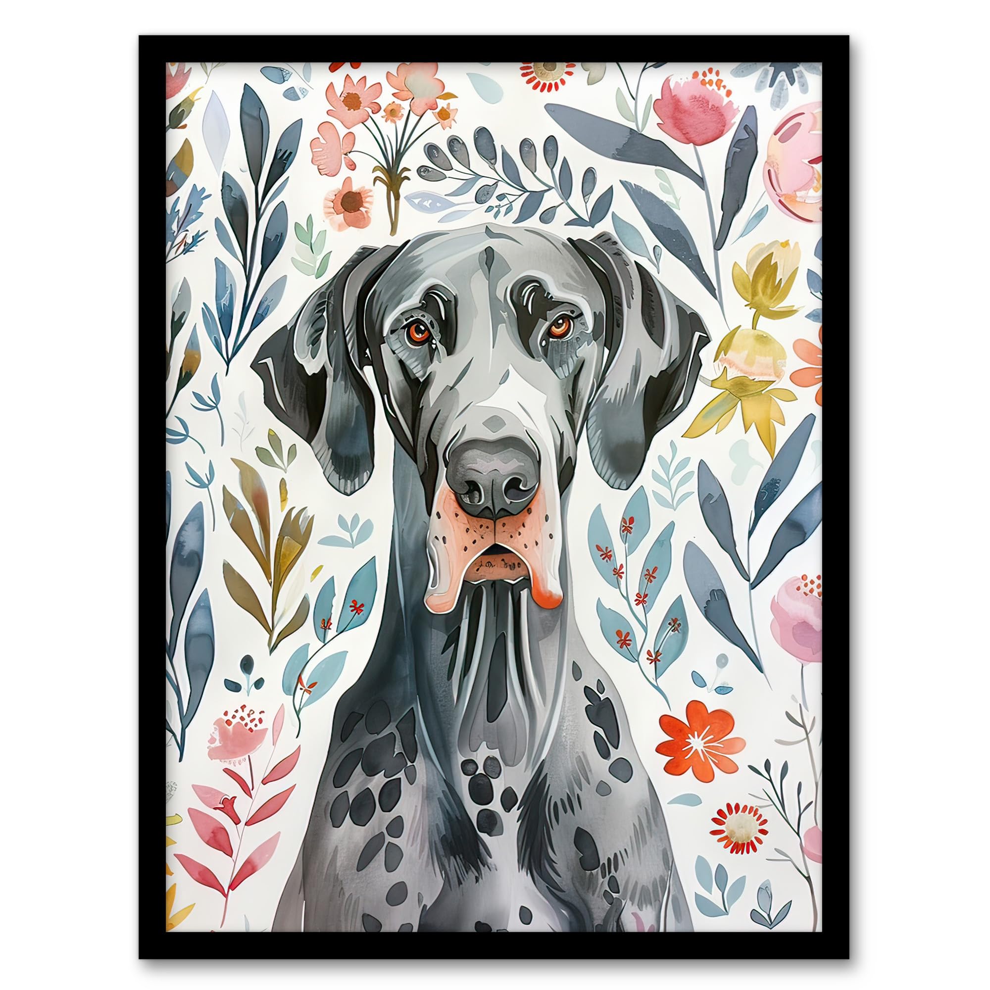 Artery8 Elegant Great Dane Dog Lover Floral Pet Portrait Living Room Artwork Framed Wall Art Print 18X24 Inch