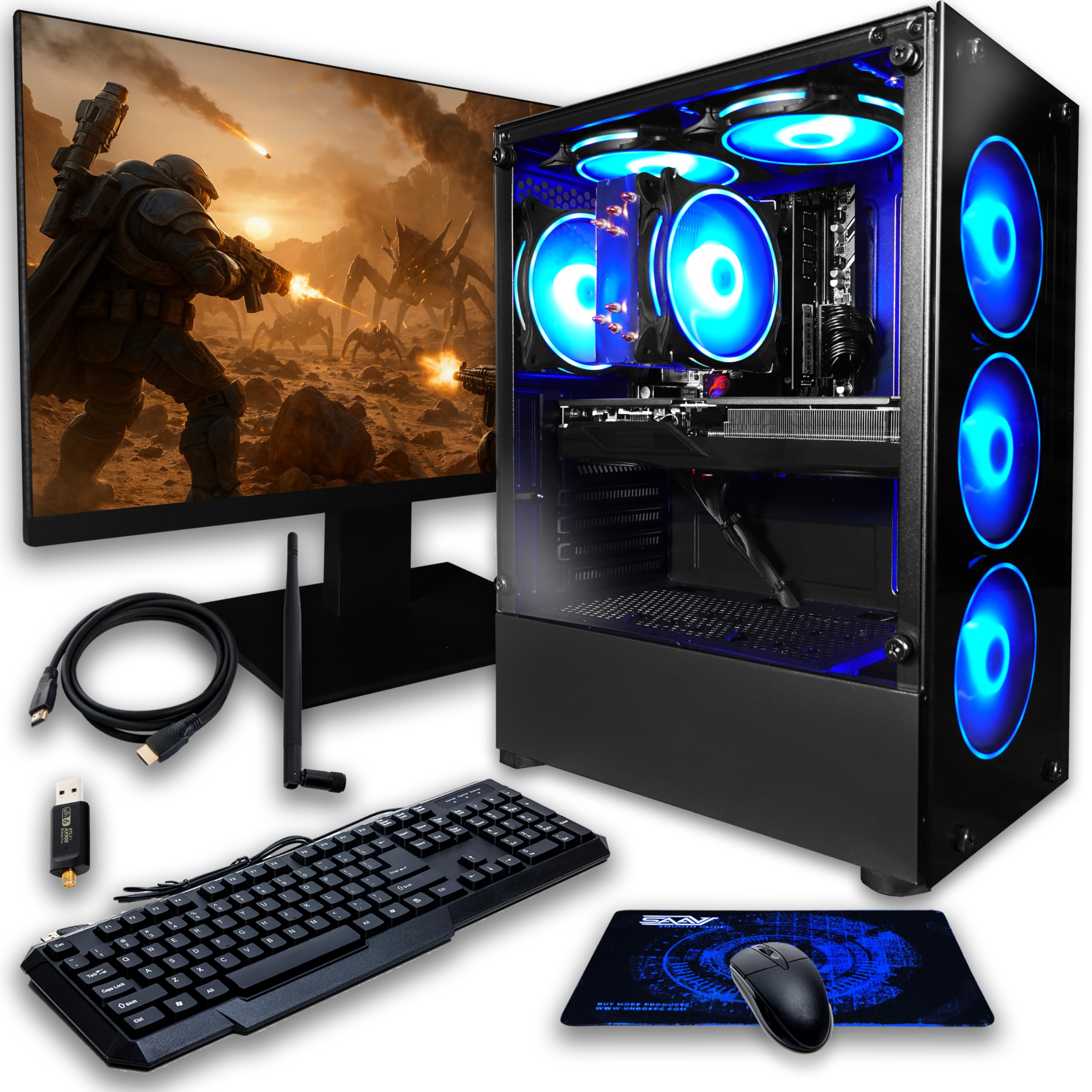 SAAV X10 2025 Gaming PC Tower Computer, AMD Ryzen 5 5500 4.2GHz, GeForce RTX 3050 6GB GDDR6, 22 inch Monitor, 32GB DDR4, 1TB NVMe SSD, WiFi 6,