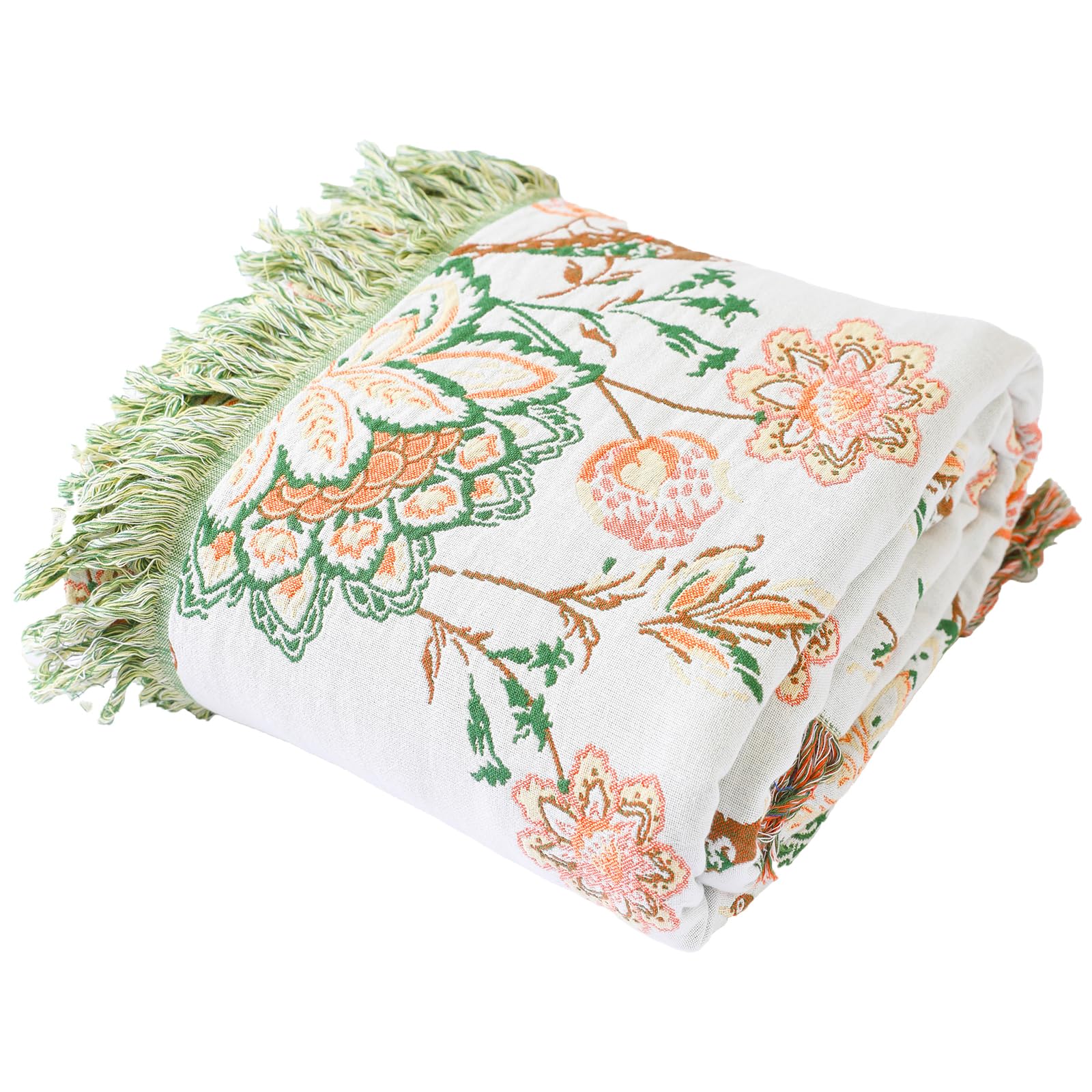 WotcsilCotton Sofa Throw Orange King Bed Throw 200x230cm Blanket Floral Patterned Boho Throw Double-sided Botanical Blanket Boho Bohemian Bedspread with Tassels for Couch Bed Sofa, White