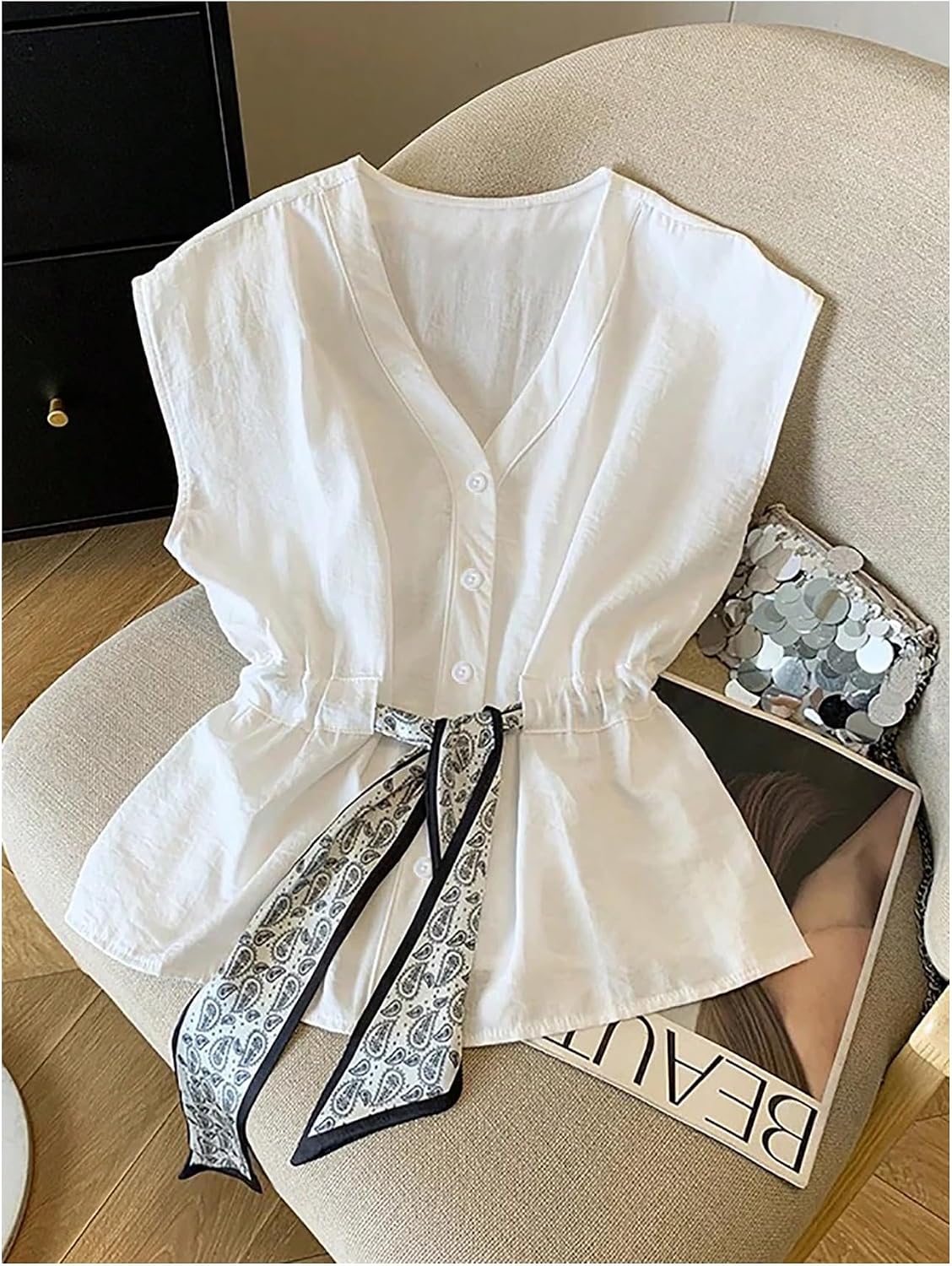 MakeMeChic Women's V Neck Peplum Tops Button Down Cap Sleeve Belted Elegant Casual Blouse Shirt
