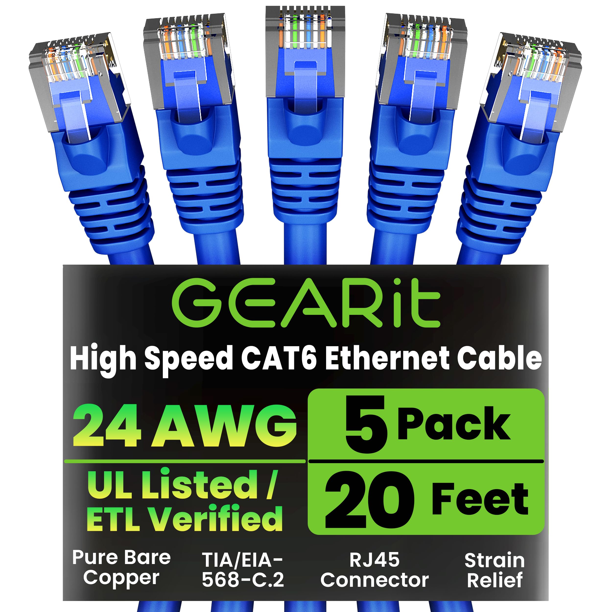 GEARit Cat 6 Ethernet Cable (10-Pack 3 Feet) Cat6 Network Patch, 10Gbps, RJ45, Snagless Cord, Gold-Plated Connectors, Internet for PC, TV, Tablet, Router, Printer, Servers, IT Data Center - Blue — view 17