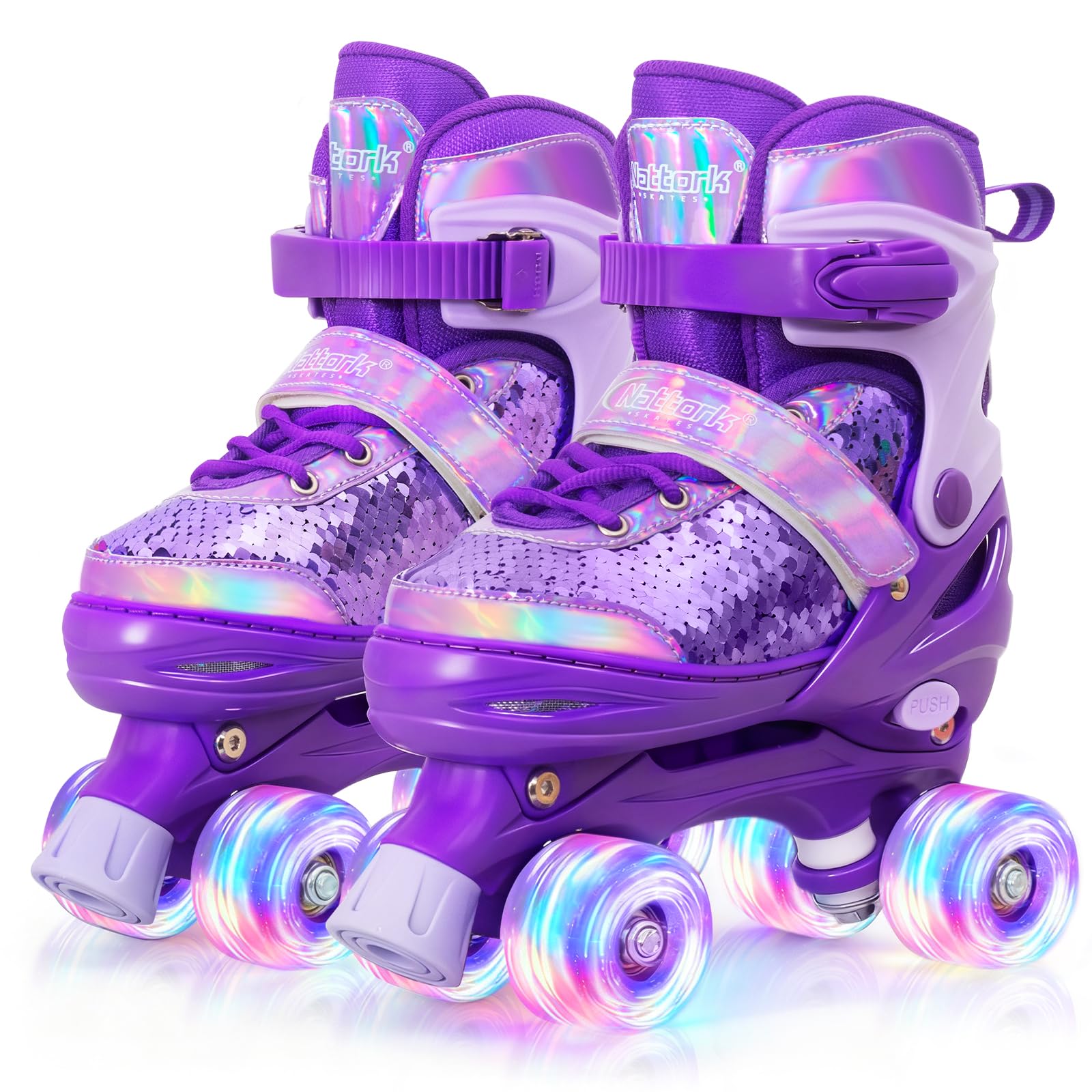 Nattork Kids Roller Skates for Boys Girls Kids 4 Size Adjustable Sequins Quad Skates with All Light up Wheels for Kids Beginners, Birthday Gift for