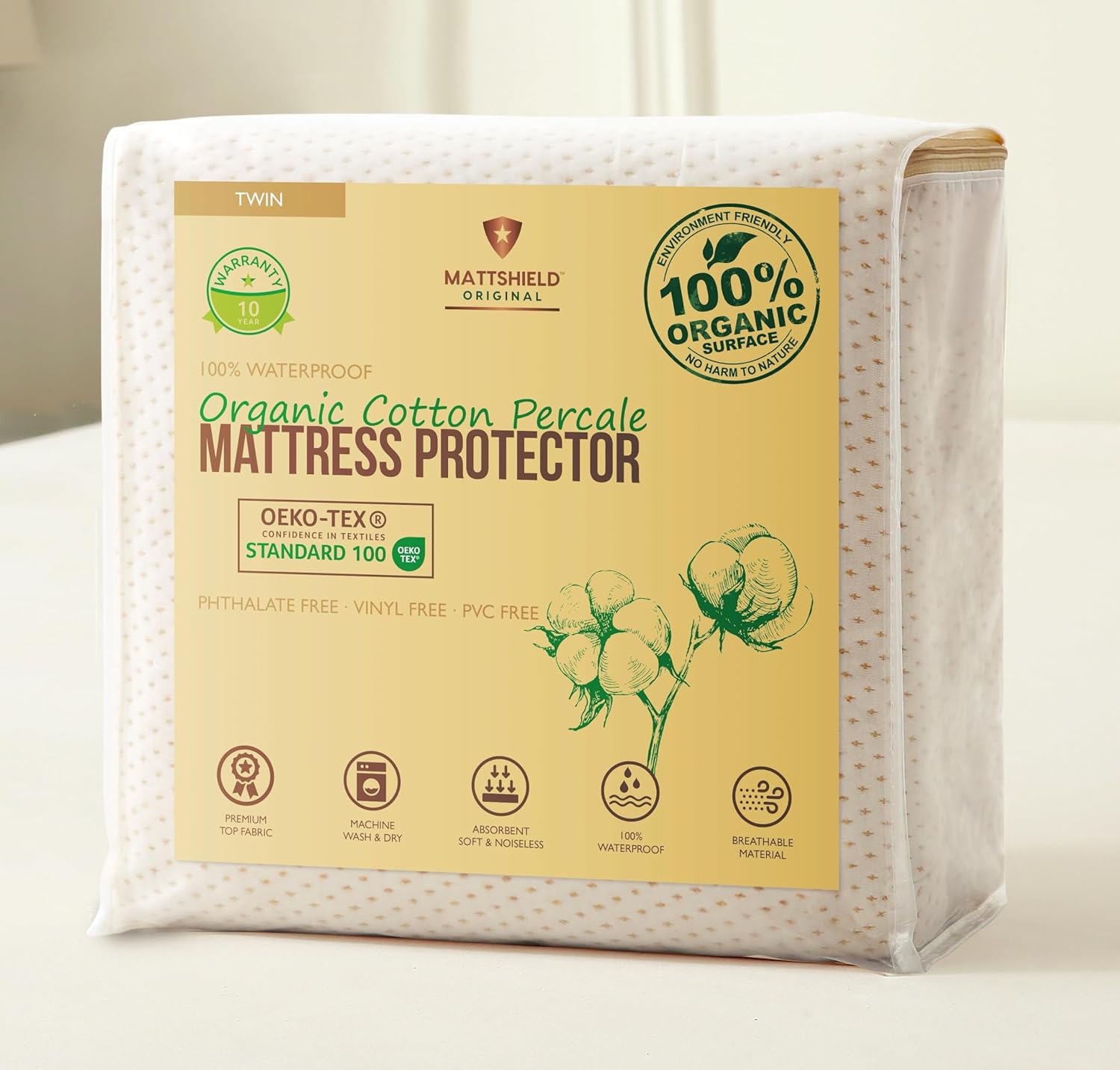 Deluxe Organic Cotton Percale Mattress Protector Twin Size - 100% Waterproof - Naturally Cooling for Hot Sleepers - OCS Certified 280GSM 3D Air-Knit Breathable Mattress Pad - Noiseless Deep Pocket