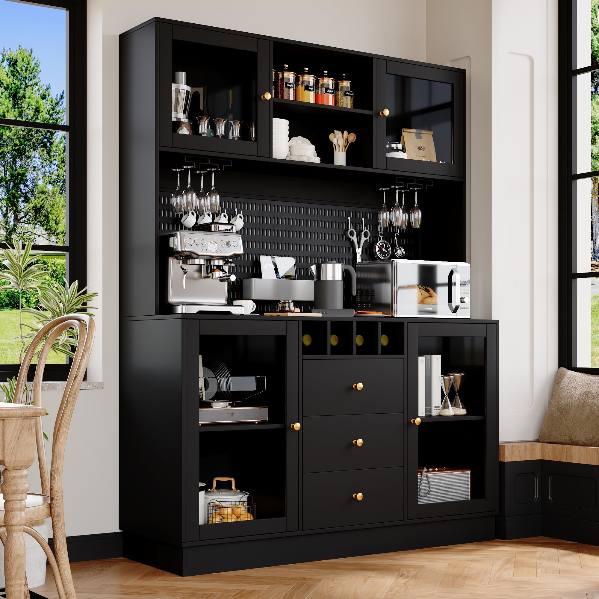 DRIXNO Hochschrank, Küchenschrank mit LED Beleuchtung, Buffetschrank mit Schubladen, Verstellbaren Ablagen, Esszimmerschrank, Seitenschrank mit Weinregal und Kippsicherung, 140x40x185.7 cm, Schwarz