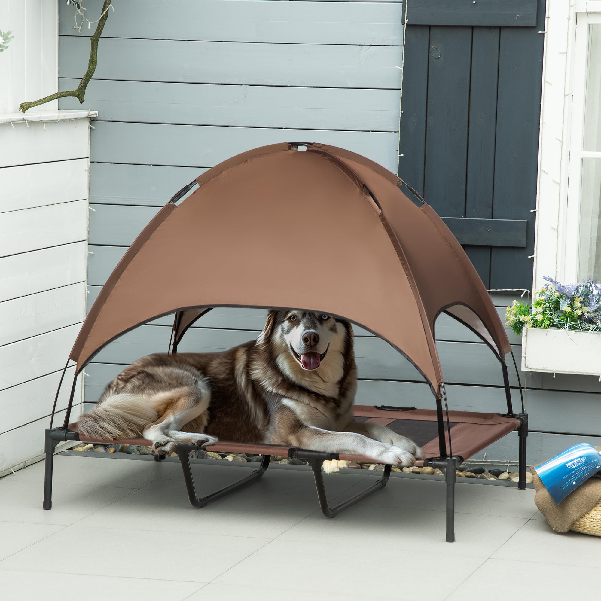 PawHut Bed voor honden en katten, op poten, hoog comfort, velum, uv- bescherming, Oxford-stof, microgeperforeerd, parasol draagtas, bruin, zwart