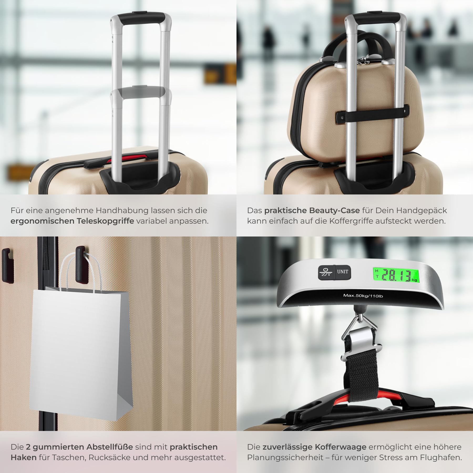 TecTake® Hartschalenkoffer-Set, 19-teilig, ABS-Hartschale, mit TSA-Schloss, 360° Rollen, Packwürfeln, Kofferwaage, Gepäckanhänger, Beautycase, Kulturbeutel, Teleskopgriff - Champagner