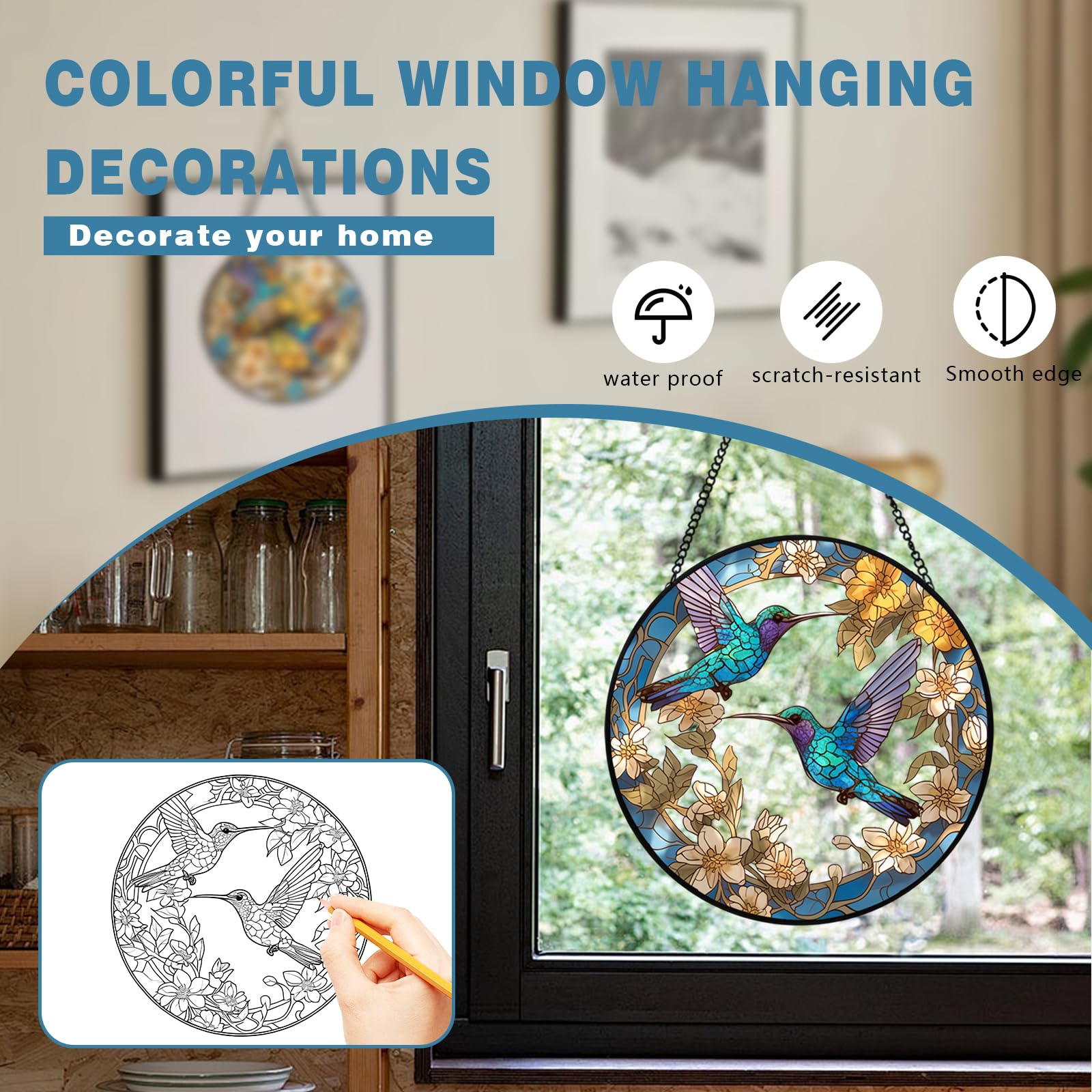 Xuoxeji hummingbird Suncatchers for Windows Hanging 7.87in Gifts for Women Stained Glass Sun Catchers Indoor Window - Image 4