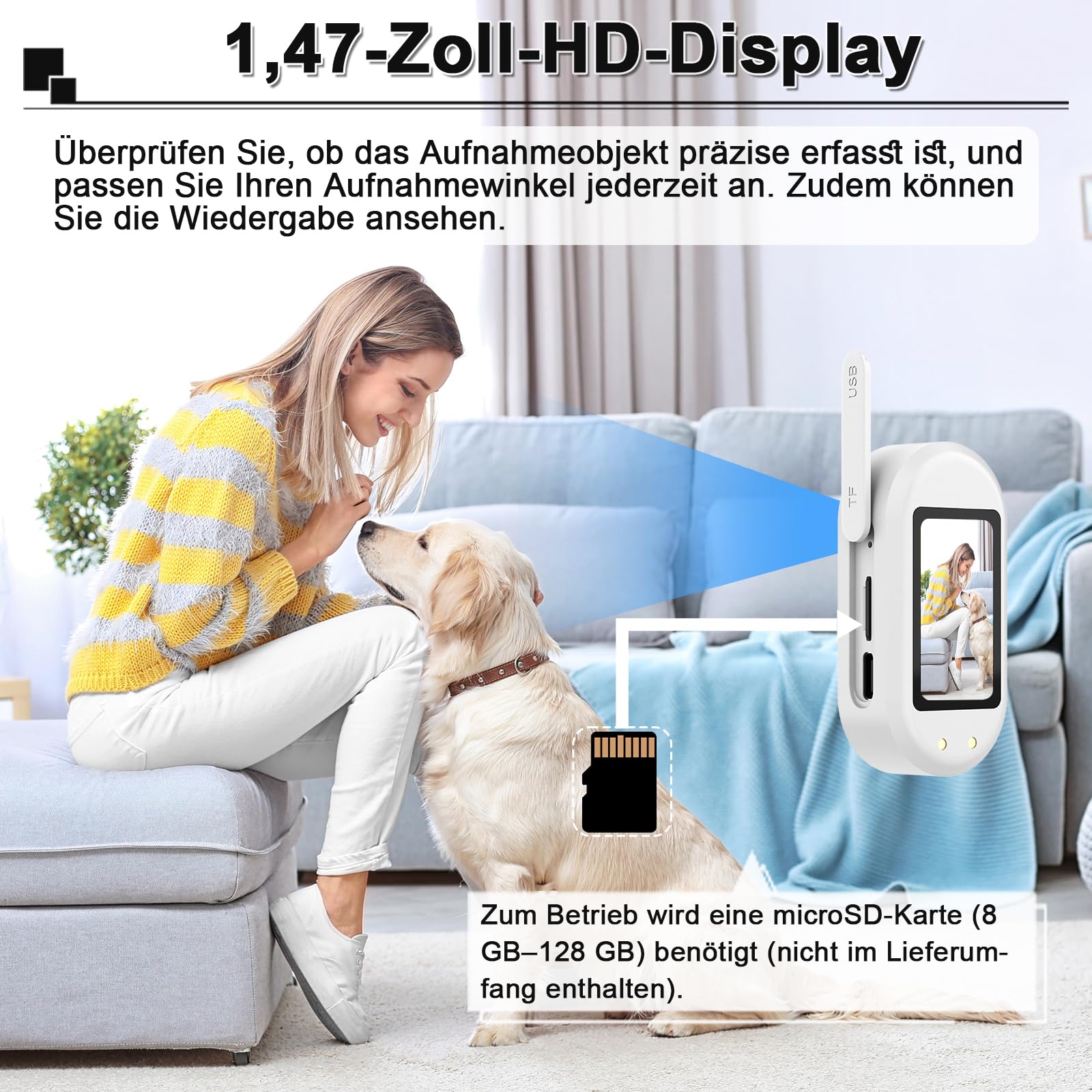 Mini-Bodycam 1080P HD, Tierkamera für Halsbänder mit kabelloser Ladestation – Daumen-Sportkamera mit Bewegungserkennung, 1,47-Zoll-Display und Magnethalterung; kleiner POV-Camcorder für Hunde & Katzen