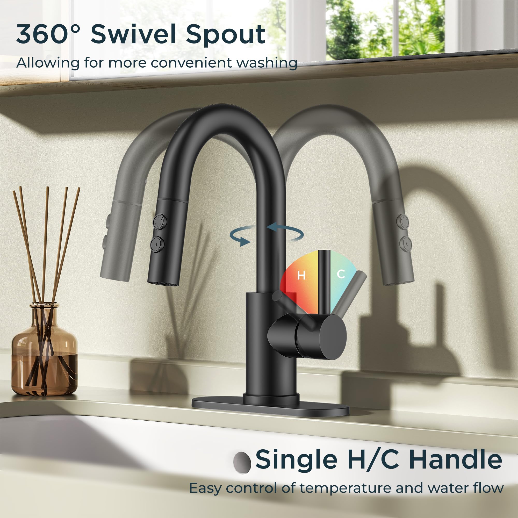 Grifo de baño Negro Mate con 1 Orificio, Grifo Monomando Giratorio de 360° para Lavabo con desagüe emergente