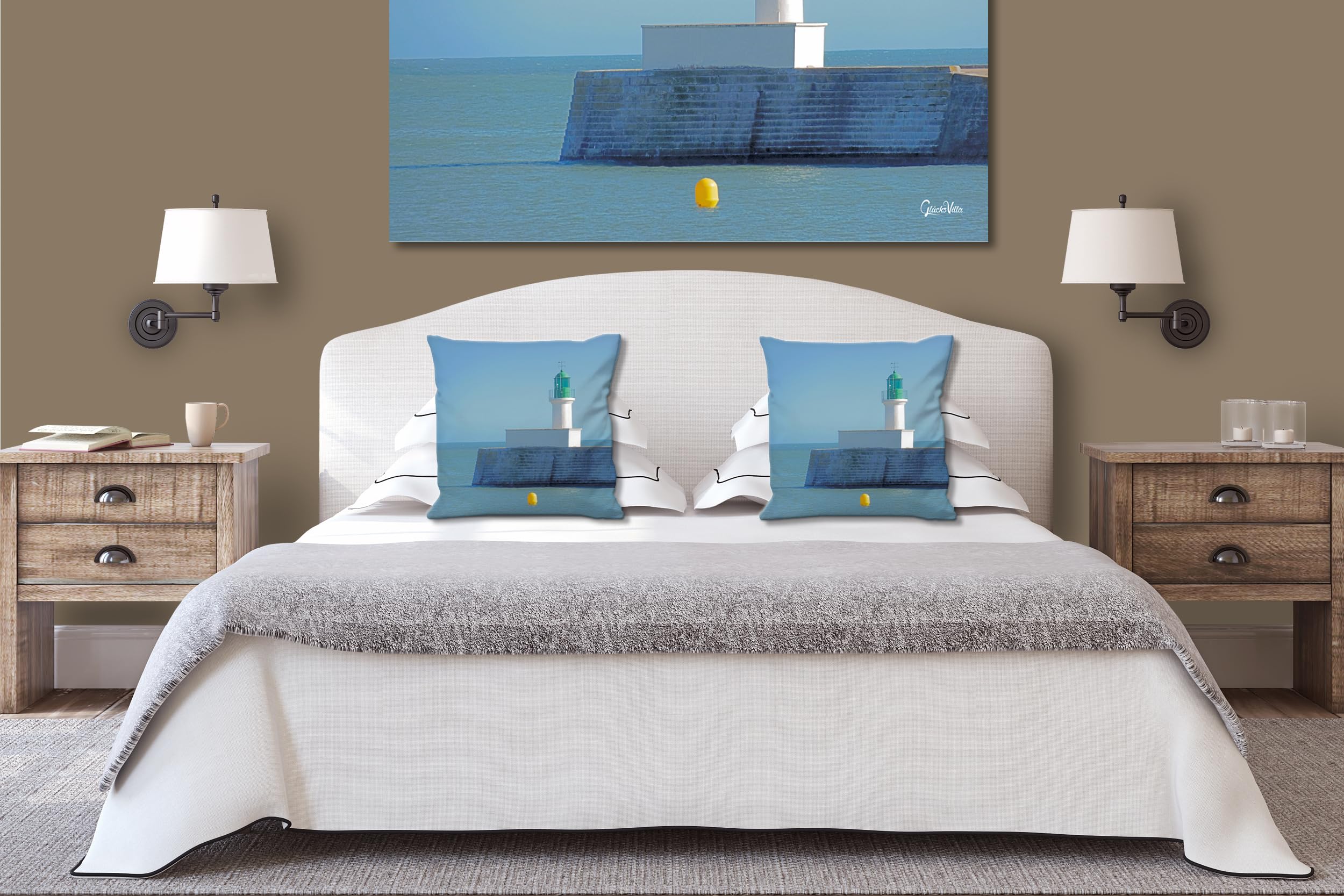 Leuchtturm 2 - Foto-Kissen-Hülle Set (2 STK.) 40 x 40 cm | Kissen-Bezüge - passend zu Wandbild - Deko-Kissen - Frankreich Meer Küste Strand Hafen