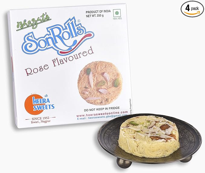 Bhagat's Heera Sweet Original Delicious Son Roll with Almonds and Pistachio Garnished | Soft Flaky Sweets Mithai Box | Preservatives Free (ROSE FLAVOURED SON ROLL, 250GRAM X 4 PACK)