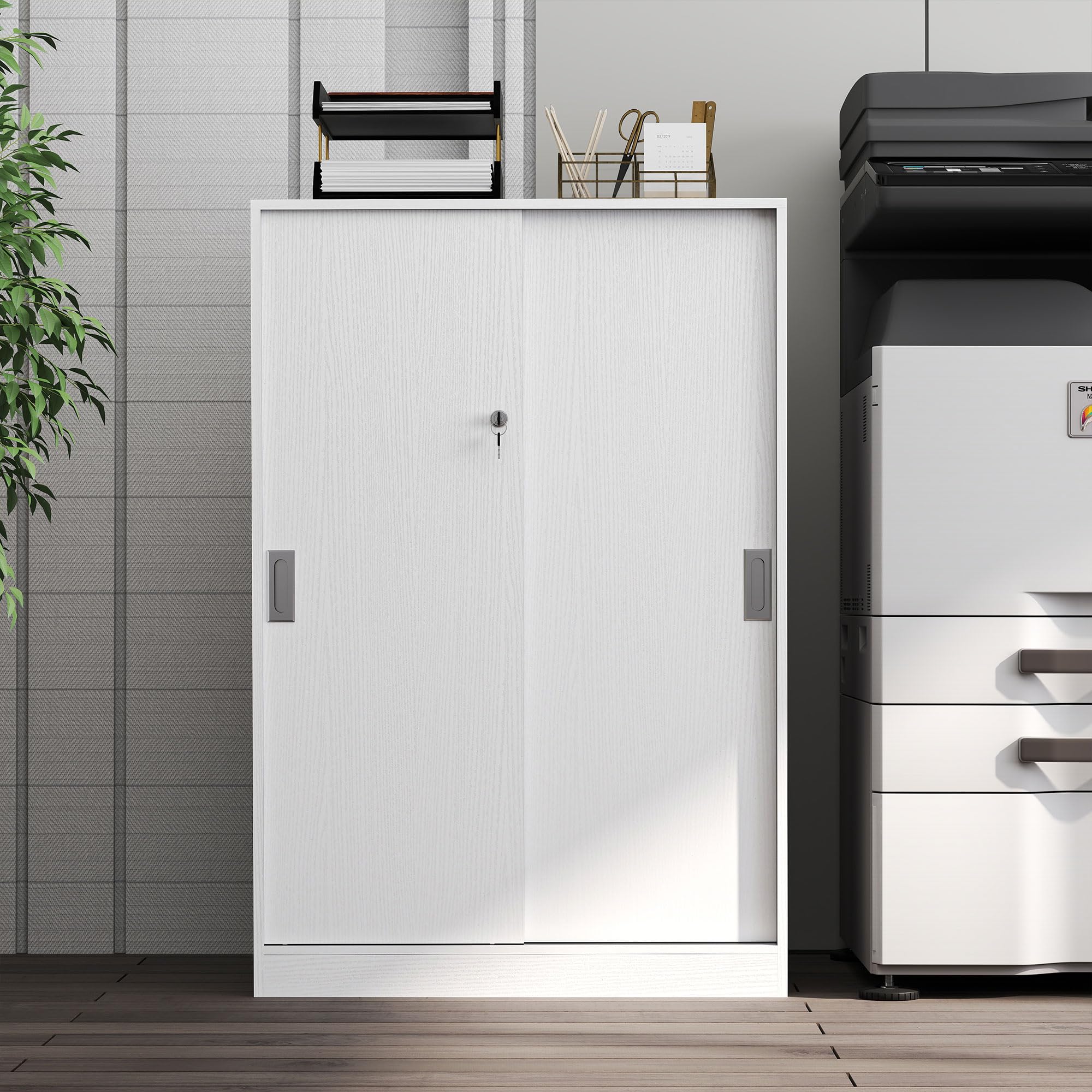 Vinsetto Armadietto da Ufficio a 3 Ripiani con 2 Chiavi di Sicurezza, Mobiletto da Ufficio in Truciolato, 80x40x120 cm, Bianco