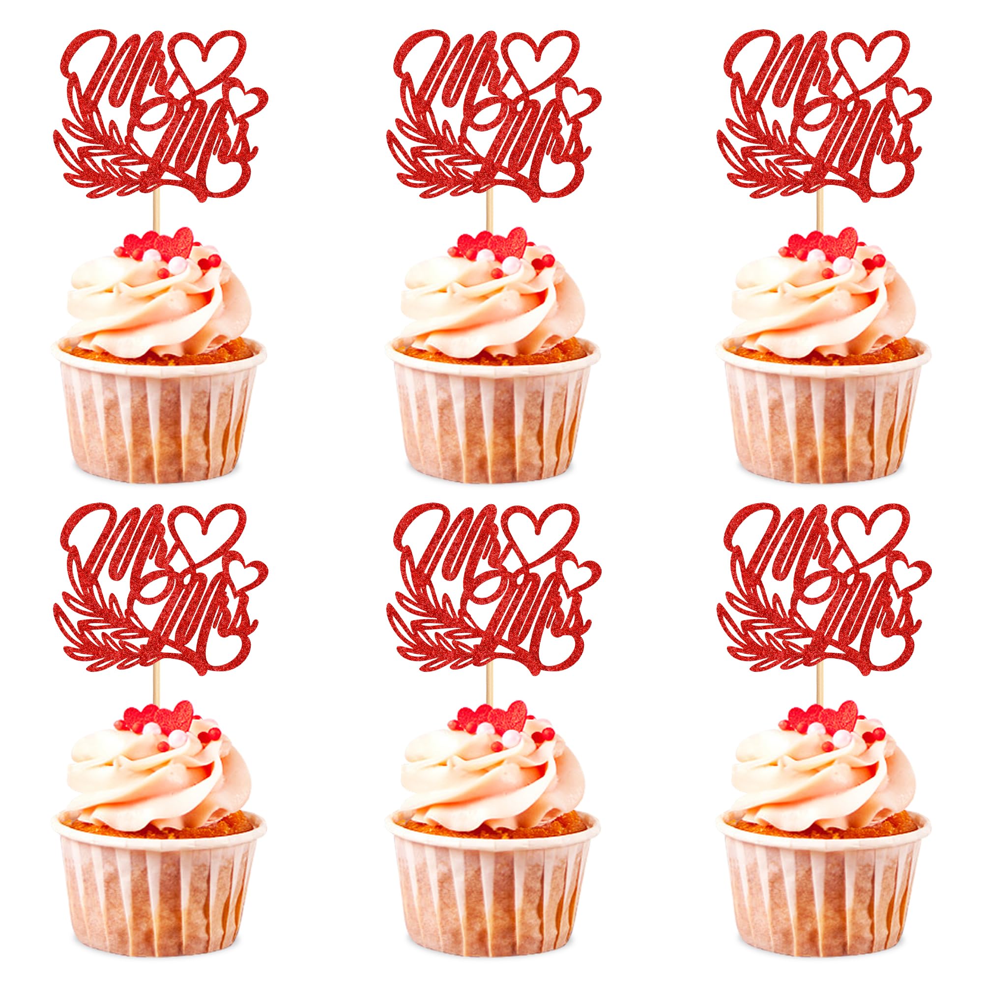 Blumomon 24Pcs Glitter Red Happy Valentine's Day Cupcake Toppers Valentine's Day Cake Decorations for 'Mr&Mrs Wedding Engagement Valentine's Day Bridal Shower Party Cake Decors