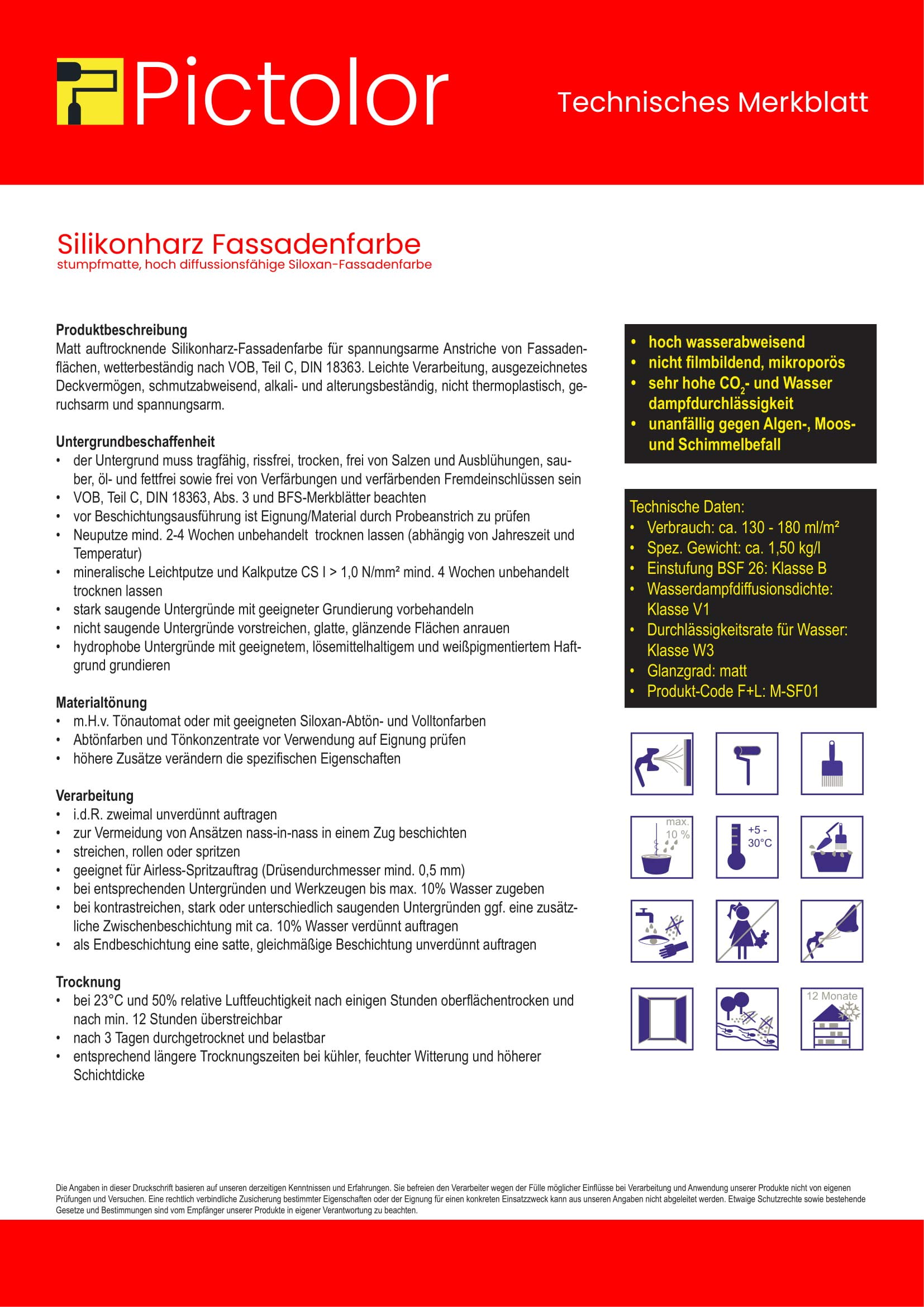Pictolor Silikonharz Fassadenfarbe + Pictolor Tiefgrund + Walze + Steckbügel