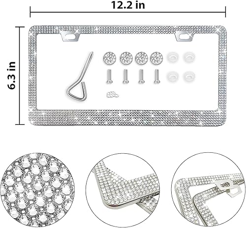 Miniatura 4 de Marco de matrícula brillante, paquete de 2 marcos de matrícula con diamantes de imitación, soporte brillante para placa de matrícula de automóvil,