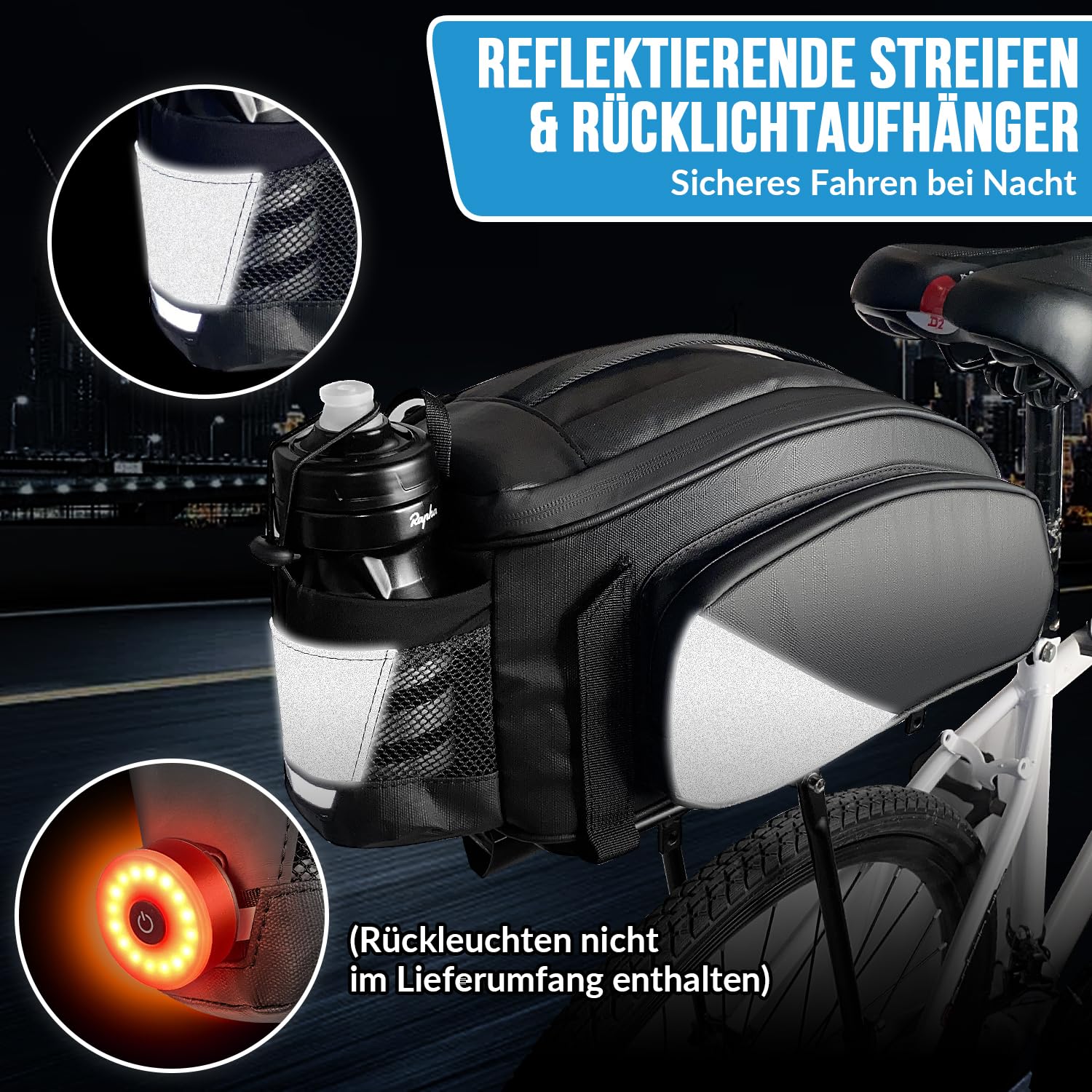 Eyein Fahrradtasche für Gepäckträger 12L - Mit Regenschutz - Wasserfest & Reflektierend Fahrrad Gepäckträgertasche als Umhängetasche und Handtasche - Mit Schultergurt und Flaschenhalter