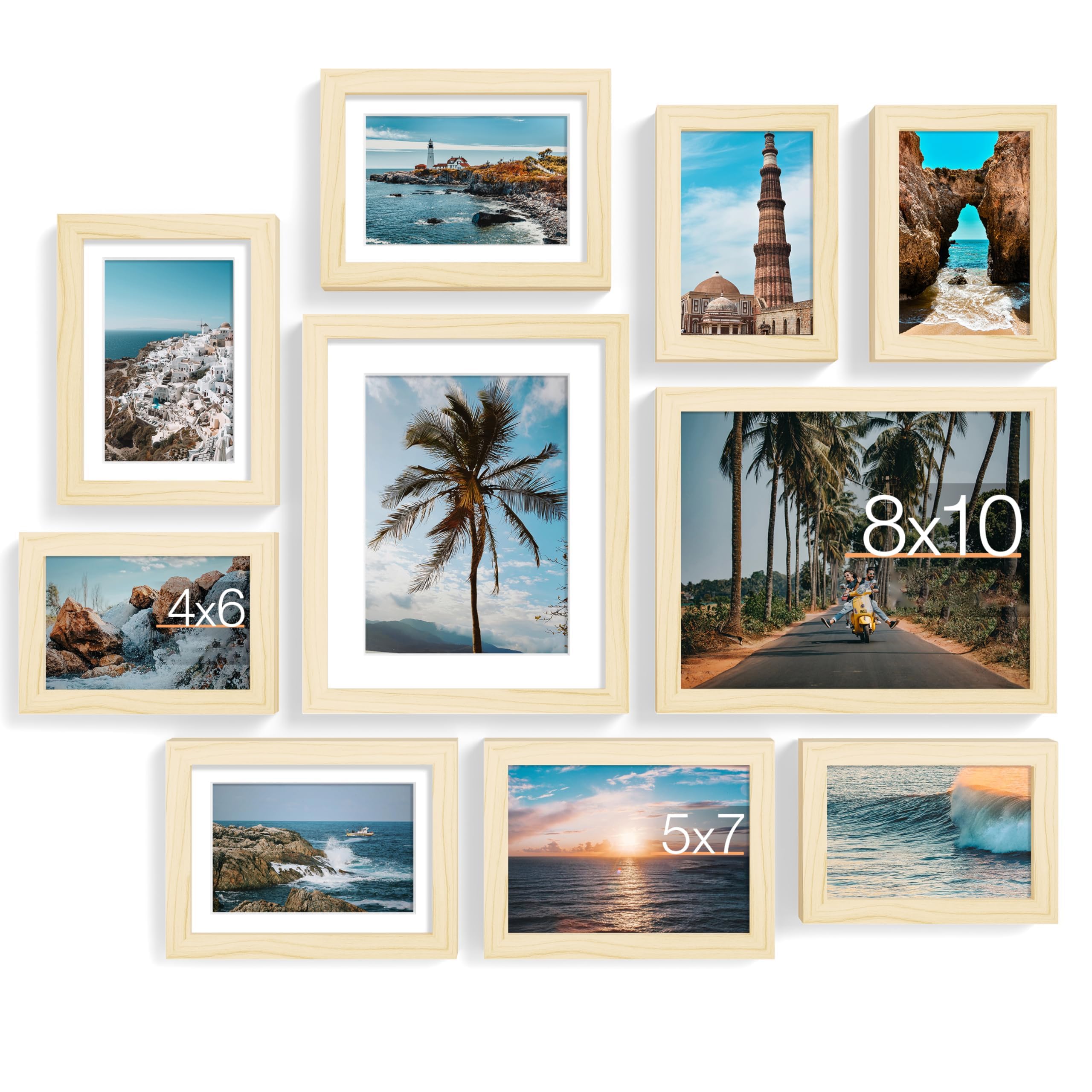 Pseul 10 Pack Picture Frames Collage Wall Decor with Glass, Gallery Wall Frame Set for Wall Mounting or Tabletop Display, Multi Sizes Including 8x10, 5x7, 4x6 Family Photo Frames (Natural)