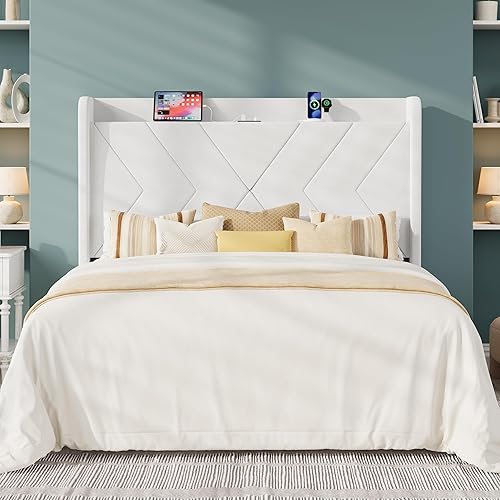 Miniatura 8 de Allewie Base de cama de plataforma de tamaño matrimonial con estación de carga y estante de almacenamiento, cabecera tapizada de terciopelo con
