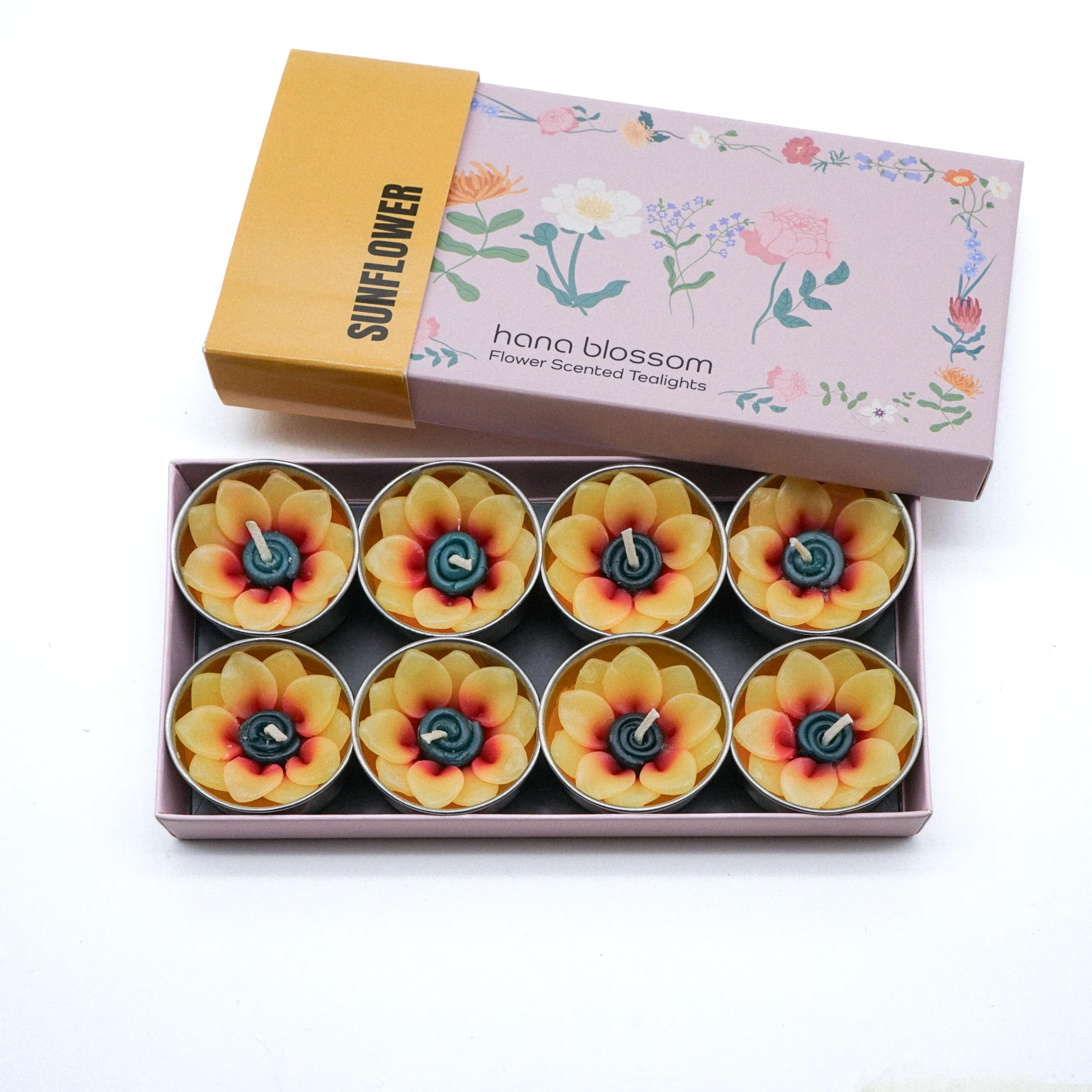 8 Handmade Fairtrade Scented Sunflower tealight Candle in a Beautiful Gift Box with Blue Botanic Design