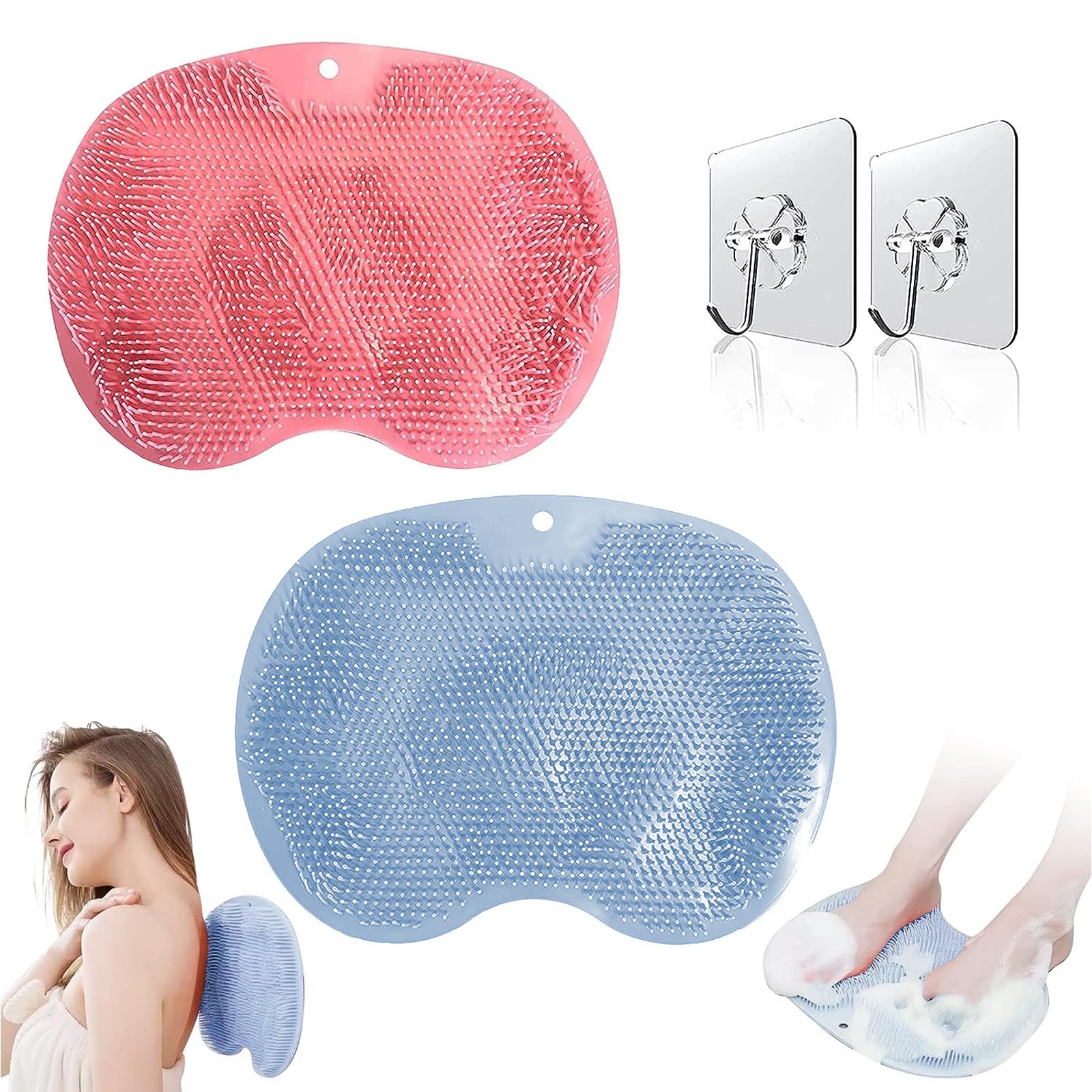 Foot Scrubbers for Use in Shower, Wall Mounted Back Scrubber Silicone Bath Massage Cushion Brush with 2 Free Non-Slip Suction Cup, Bathroom Wash Foot Mat Improve Skin Exfoliation (PinkBlue)