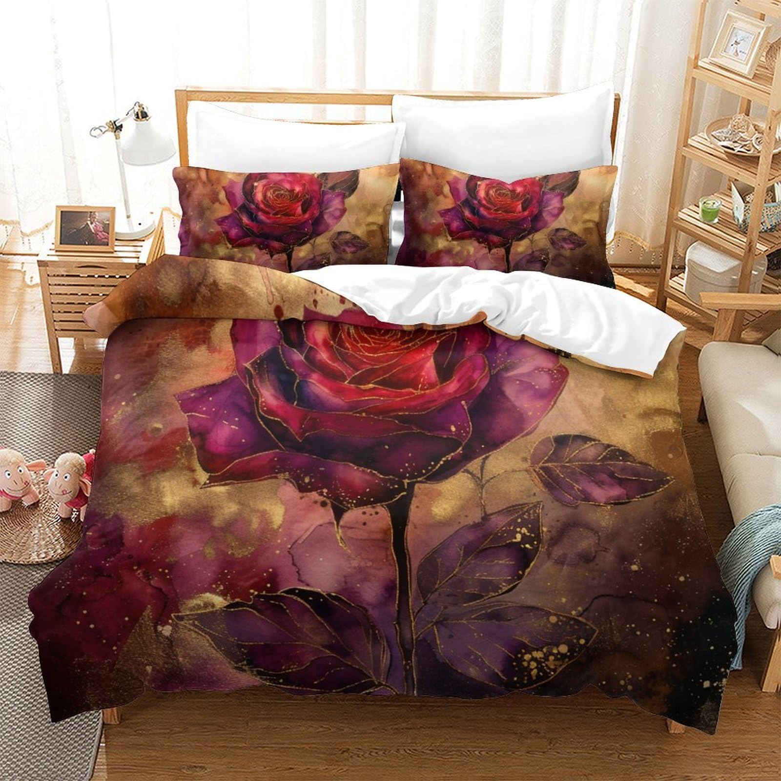 Housse de couette roses 3D 260x220 cm en microfibre avec deux taies d'oreiller pour lit super king