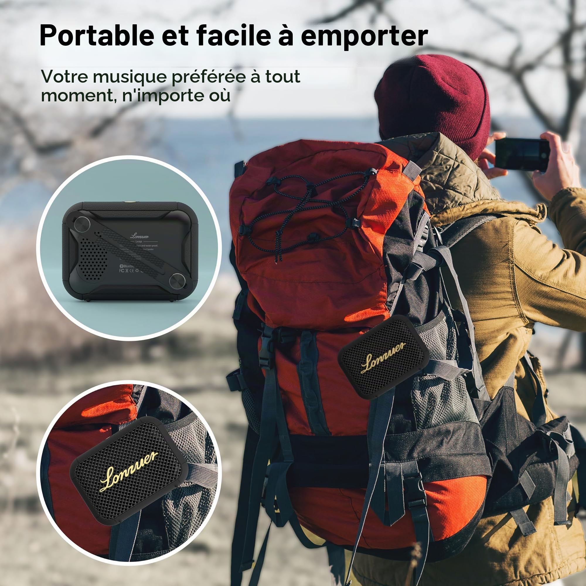 Enceinte Bluetooth ultra-portable - Étanchéité IPX7, basses puissantes, 8 h d'autonomie, TWS, micro intégré, sangle de fixation incluse pour le cyclisme, le sport, les voyages et le camping - Noir