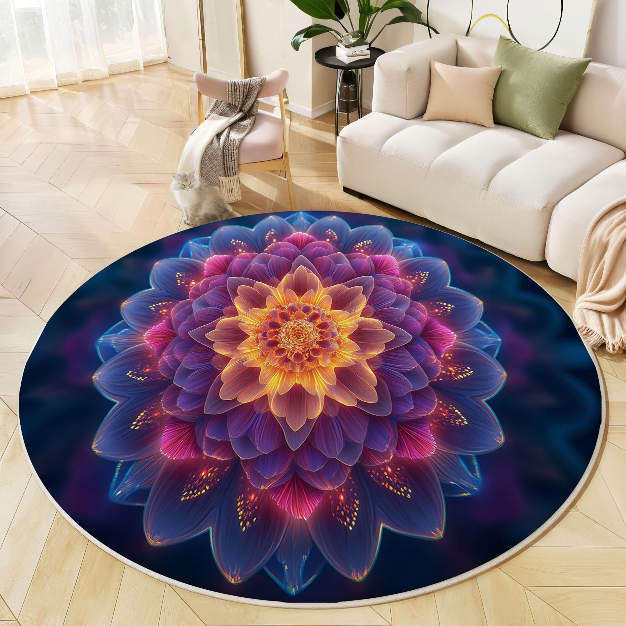 Tapis Rond 100cm, Microfibre Douce Tapis Circulaire Mandala, Moquette Salon Chambre, Imprimés Art Multicouche Pétales Antidérapant Lavable Moquette de Décoration, Bleu Violet