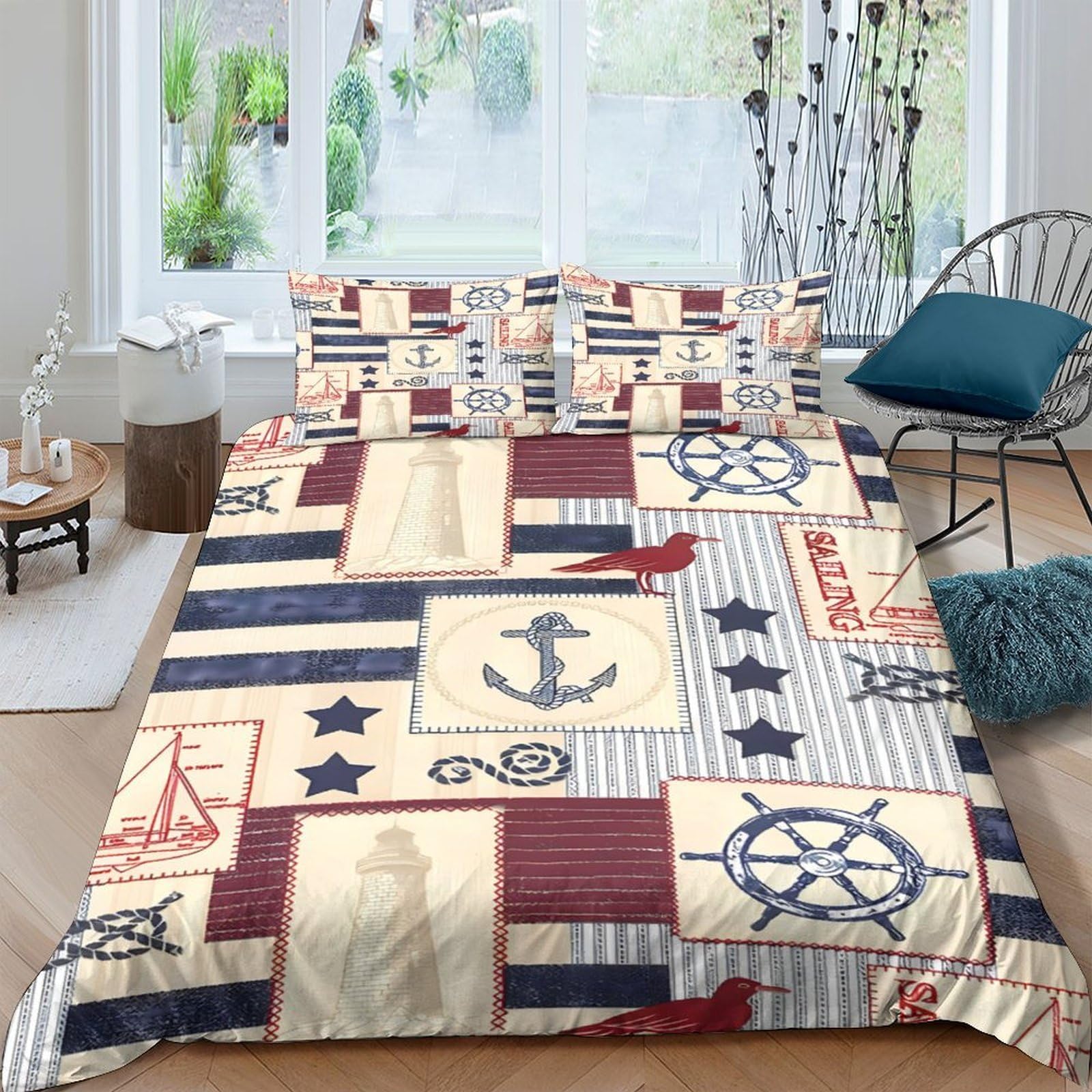 Ctjqhvkz Style-3 3D Printed Nautical Anchor Fitted Sheet Microfiber Soft Breathable Stripe Helm Mattress Cover For Bedroom Guest Room Decorative Protection Single（135X200cm）