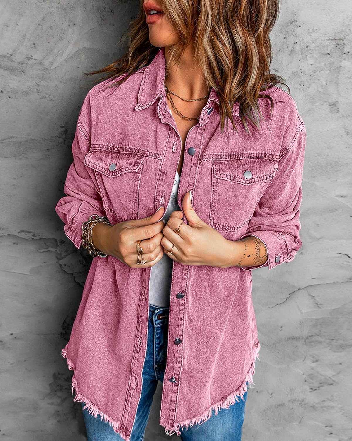 Vetinee Women’s Oversized Button Up Frayed Hem Shacket Long Sleeve Pockets Denim Jean Jacket - Image 3