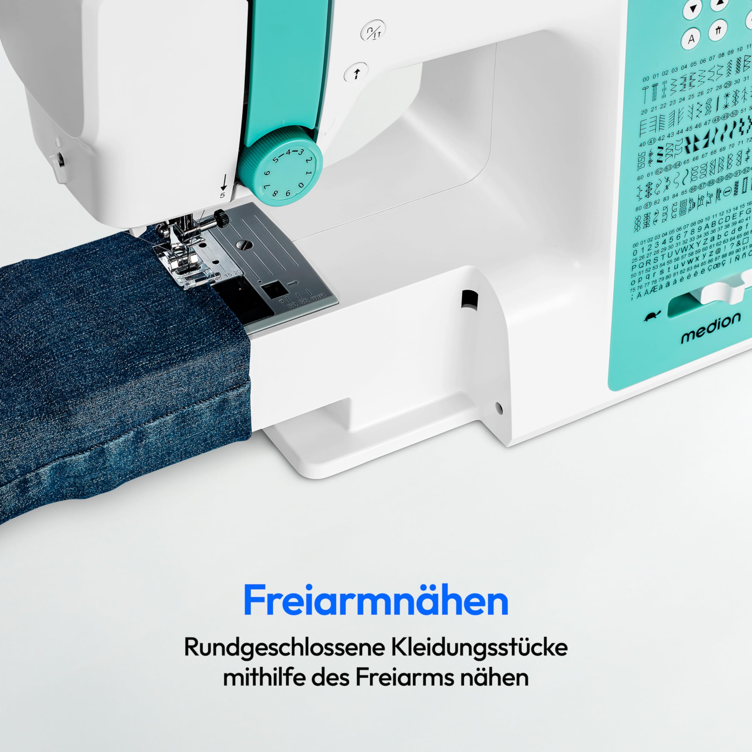 MEDION Digitale Nähmaschine SD36 (36 Watt, einstellbare Stichlänge und Stichbreite, 270 Stichmuster, LED Nählicht, automatischer Einfädler, Fußpedal, Rückwärtstaste, Fadenschneider, MD11881) türkis