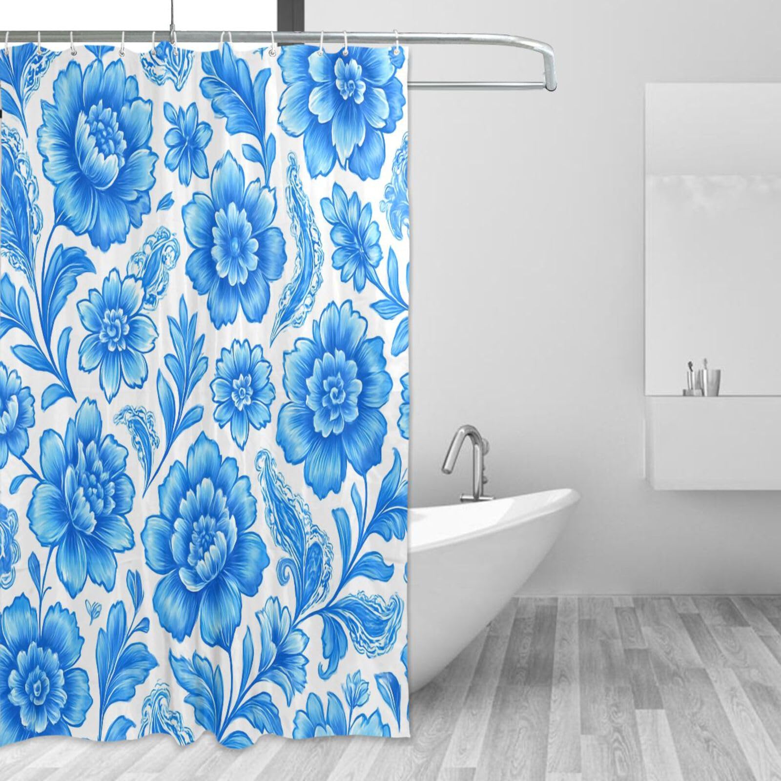 DUOBU Blue Floral Shower Curtain Washable Waterproof Fabric Bath Curtain 60x72Inch Shower Curtains with Hooks for Bathroom Decor
