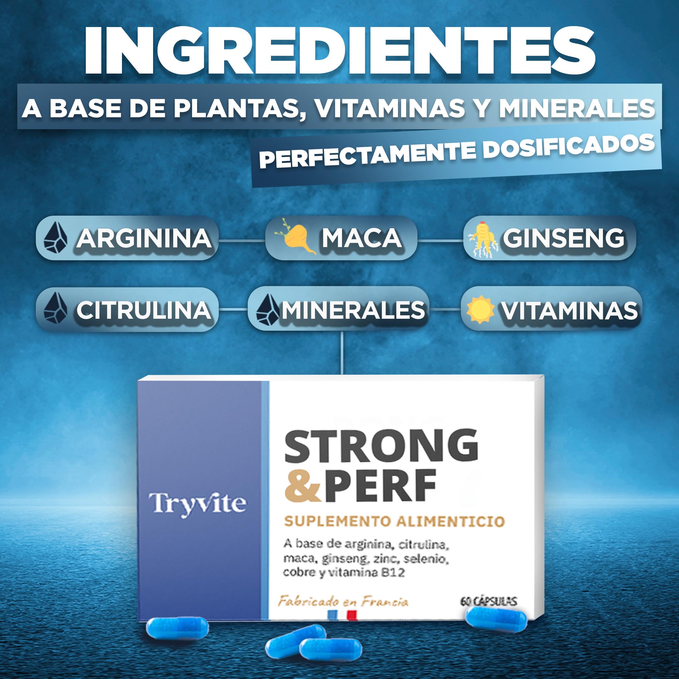 Fórmula Práctica para Hombres Activos | 60 Cápsulas con Ginseng, Maca, Arginina, Citrulina y Zinc | TRYVITE STRONG&PERF