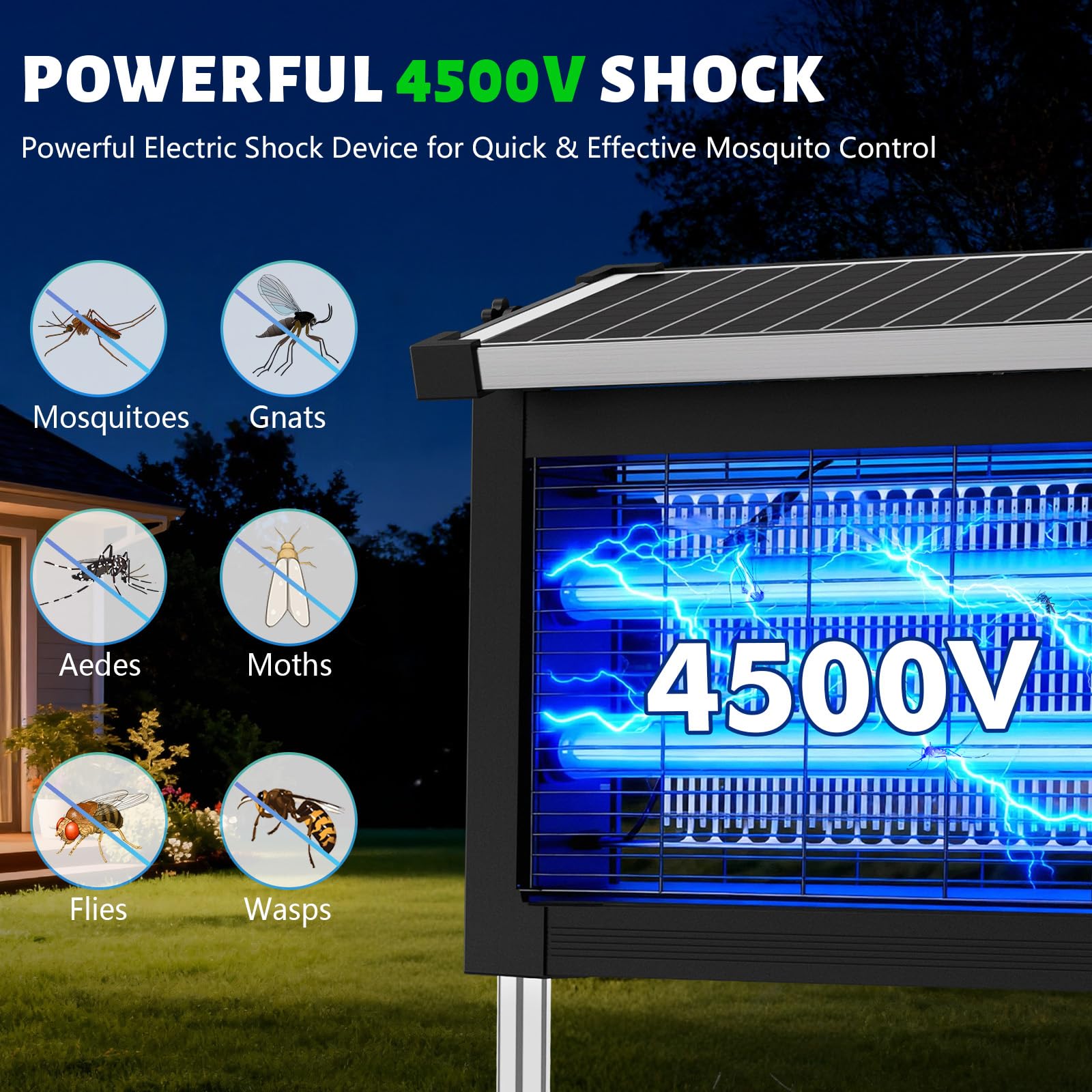 Matamosquitos solar para exteriores, 4500 V, recargable, impermeable, con sensor de panel solar, trampa eléctrica para moscas, cable de 10 pies, exterminador de insectos inalámbrico para patio