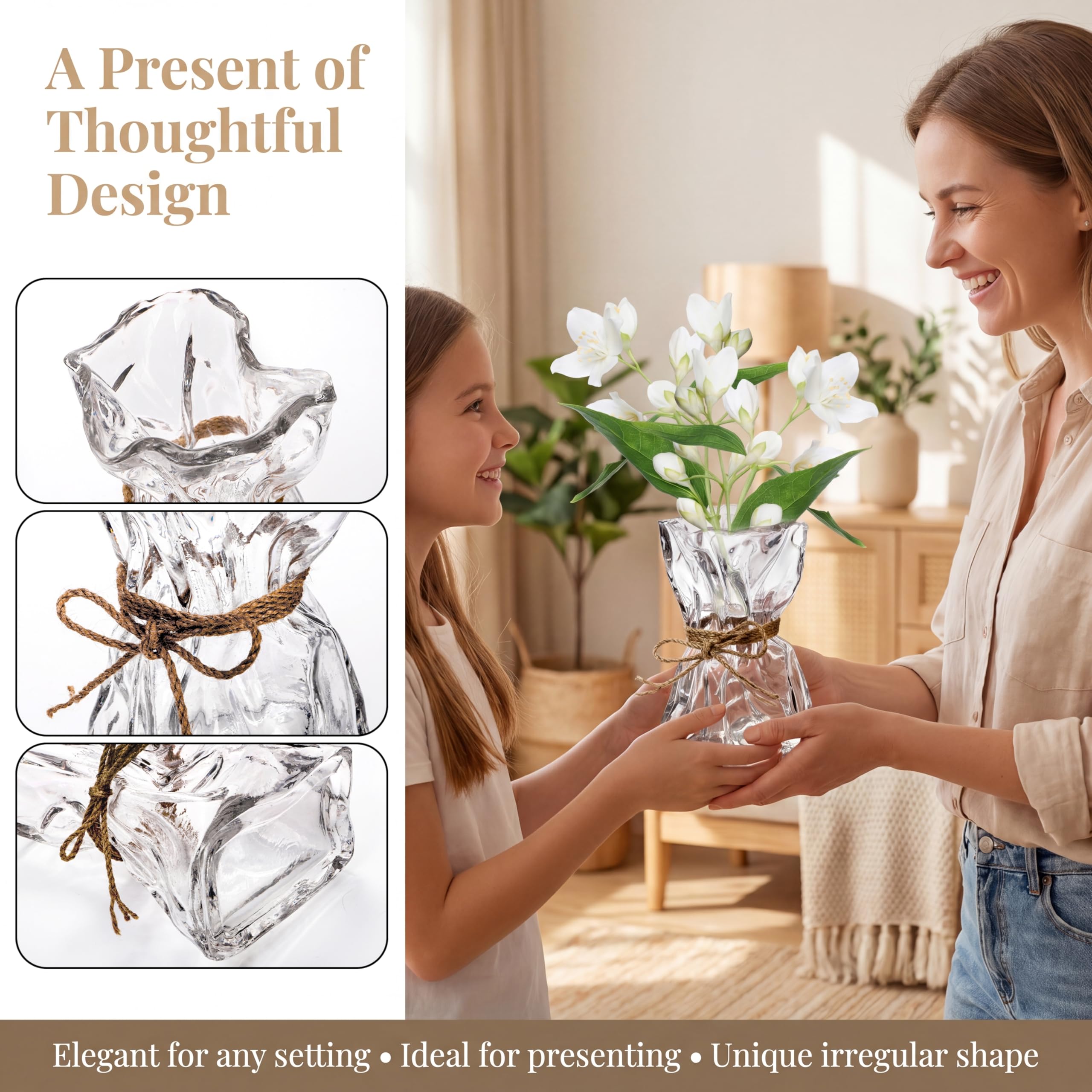 Best Etched Glass Vase Picks for 2026 1 Covzoe Glass Vase, 8.7 Inch Tall Irregular Shaped Flower Vase with Hemp Rope, Cl — product photo