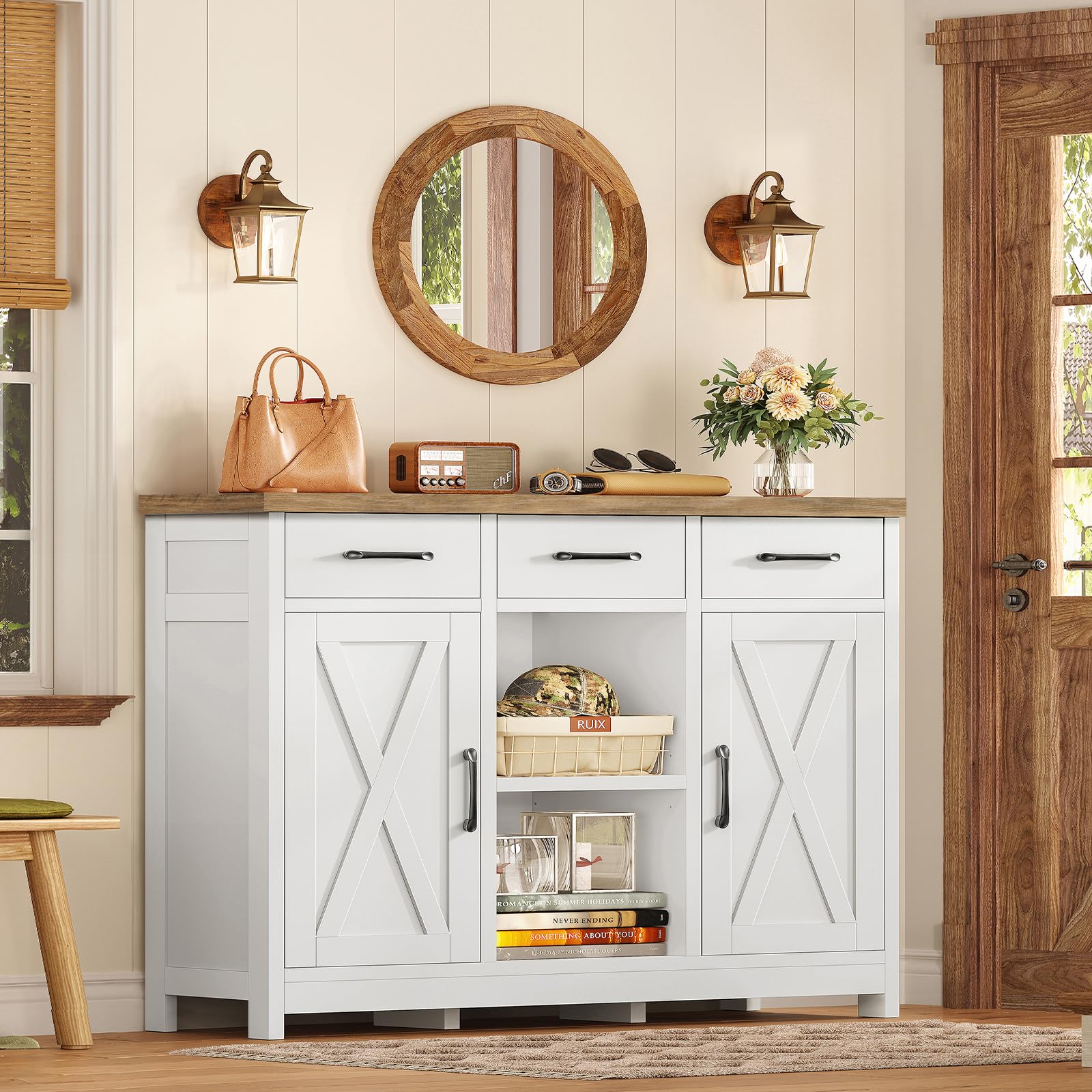 TEENFON Sideboard mit 2 Schränken, Sideboard Küchenschrank mit Arbeitsplatte, Buffetschrank mit 3 Schubladen & Verstellbaren Regalen, Küchenzeile für Küche, Wohnzimmer & Flur - 90 x 30 x 80 cm - Weiß