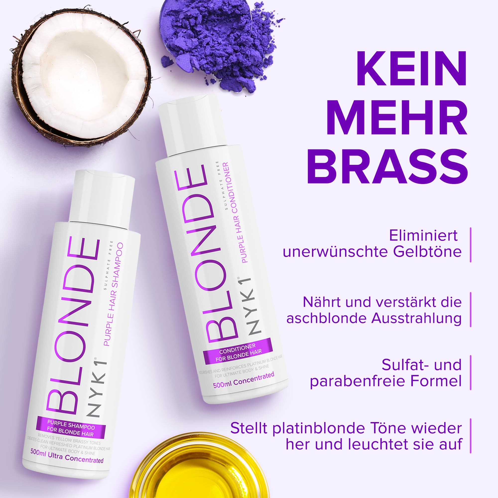 NYK1 NO MORE BRASS Lila Haarshampoo & Spülung Set | 500ml x2 | Blondes Shampoo und Spülung Set für Blondiertes, Coloriertes und Gesträhntes Haar - Neutralisiert Gelb und Messingtöne