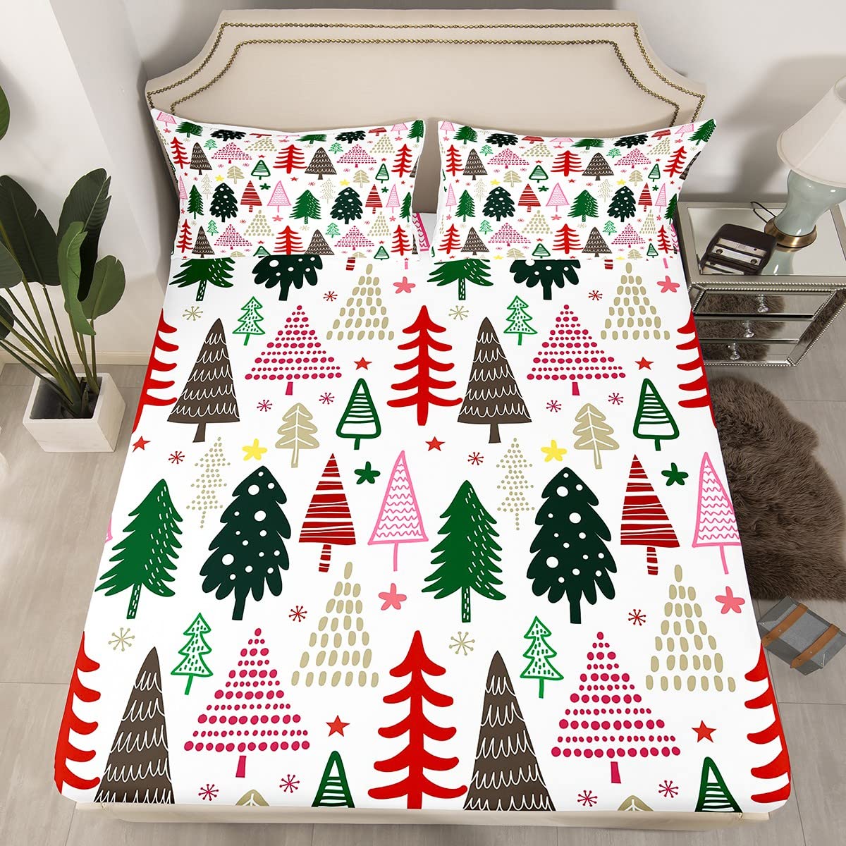 Manfei Christmas Tree Bedspread Single Size,Cartoon Geometric Pattern Bedding Set 2pcs for Kids Teens,Colorful Trees Stars Xmas Bed Cover Soft Bedding Bedroom Decor