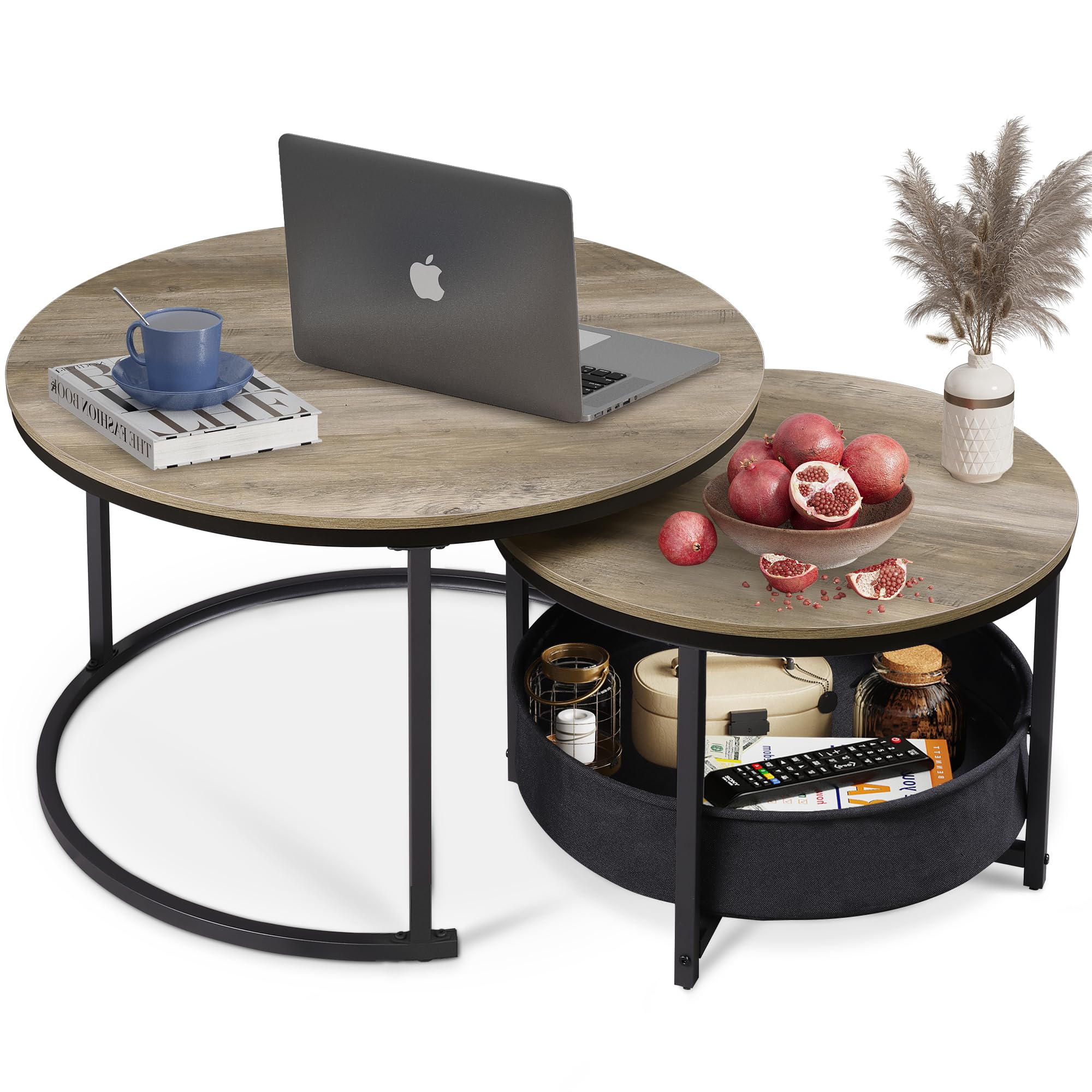 WLIVE Couchtisch 2er Set, Beistelltisch Rund mit Stauraum, Wohnzimmertisch Holz mit Metallrahmen, Sofatisch für Wohnzimmer Schlafzimmer