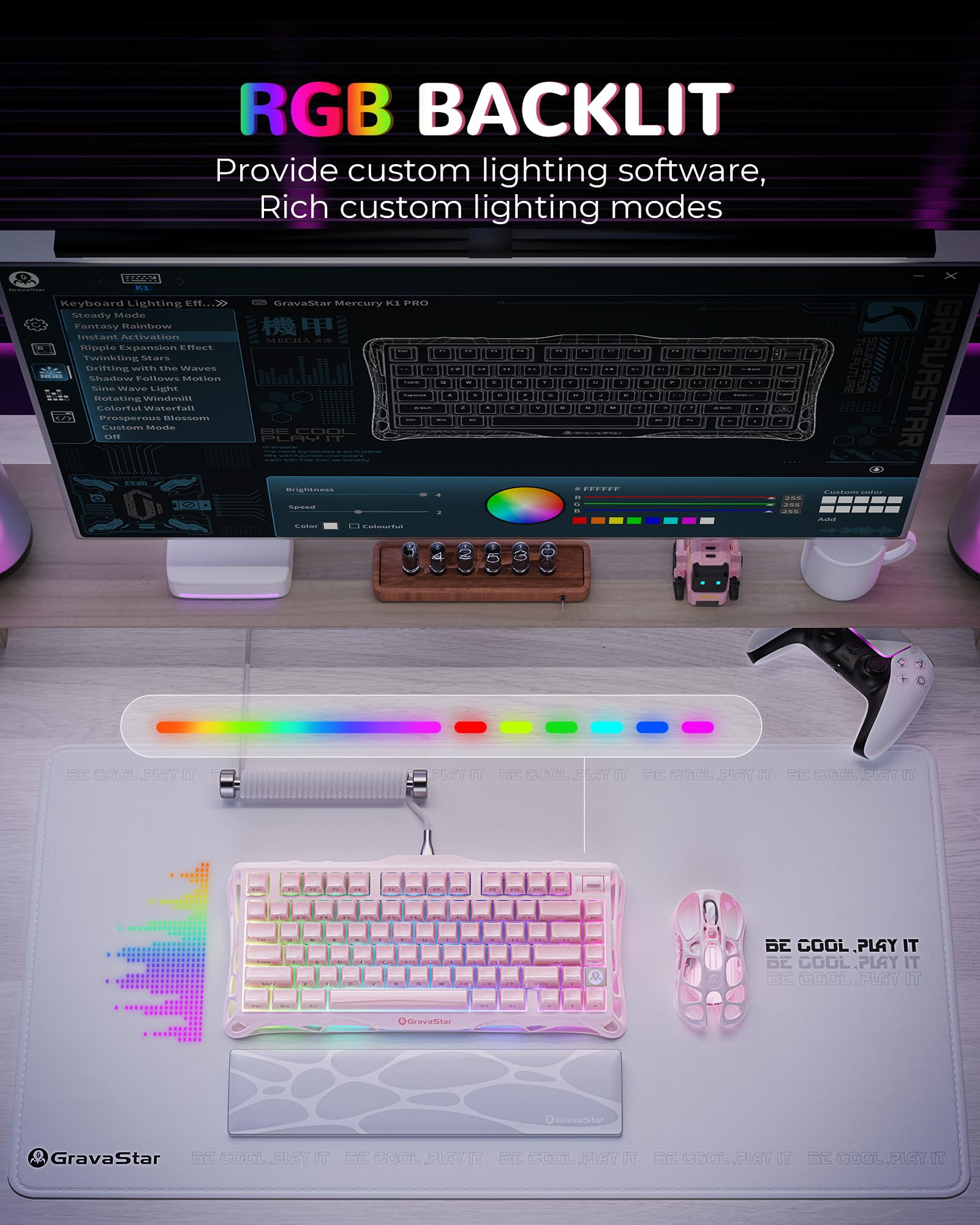 GravaStar Mercury K1 Mechanische Tastatur, 75% Wireless Gaming Tastatur, Hot Swap, Gasket, RGB Tri-Mode, PBT-Tastenkappen, 8000mAh, Aluminiumrahmen, Farbverlauf Rosa