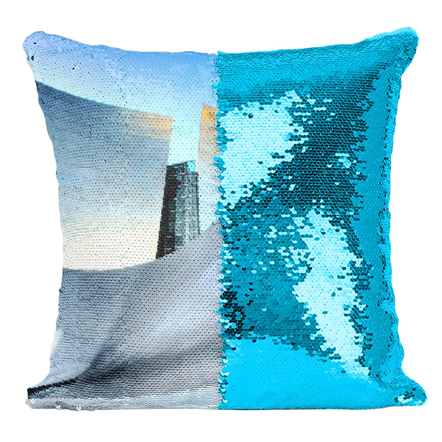 Coussin paillettes turquoise au style futuriste, idée cadeau design originale