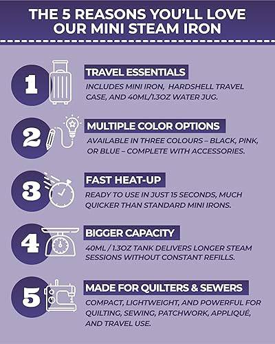 Miniatura 2 de The Quilted Bear Mini plancha  Mini plancha de vapor ligera con placa base de suela de cerámica y medidor de temperatura para uso como plancha de