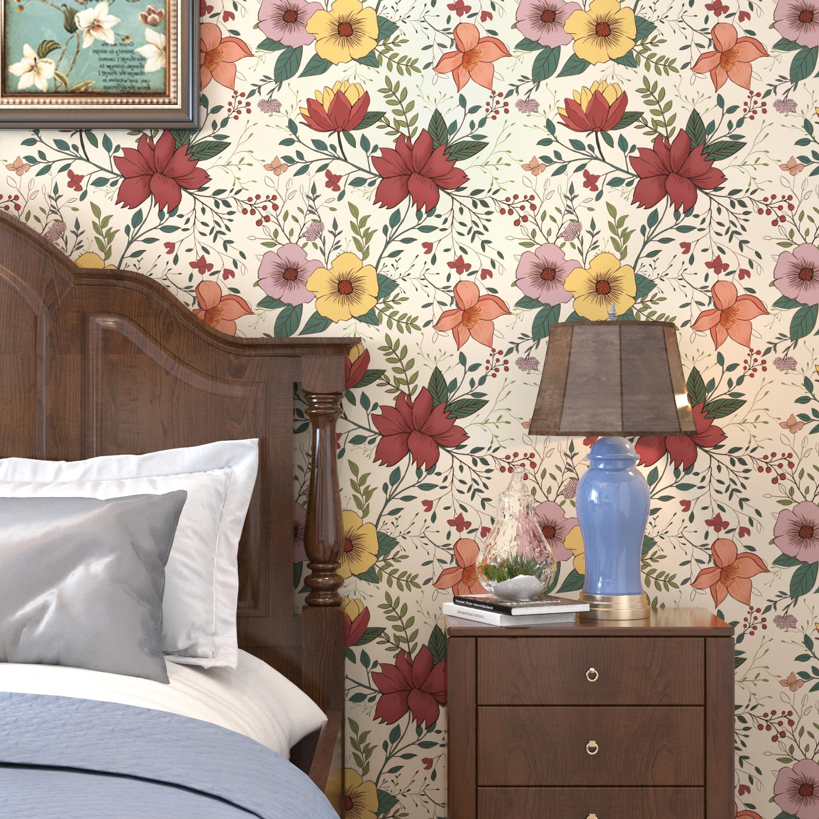 VOLEAAR 44.5CM x 1000CM Floral Peel and Stick Wallpaper - Vintage Boho Leaf Flower Design - Yellow, Pink, Red - Image 2